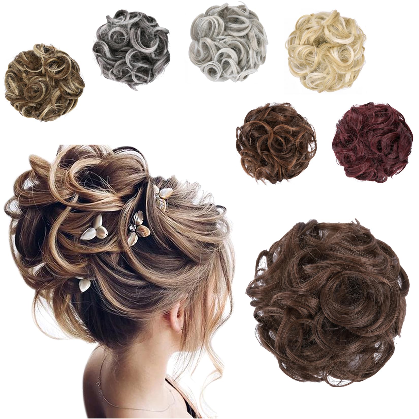 Elaine Big Messy Bun Extension Curly Hair Buns Hair Pieces for Women Synthetic Wavy Large Scrunchies Thick Updo Ponytail (Golden Brown #101)