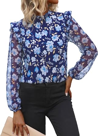 Simplee Womens Floral Boho Tops Trendy Ruffle Long Sleeve Blouses Fall Dressy Mock Neck Loose Casual Work Shirts