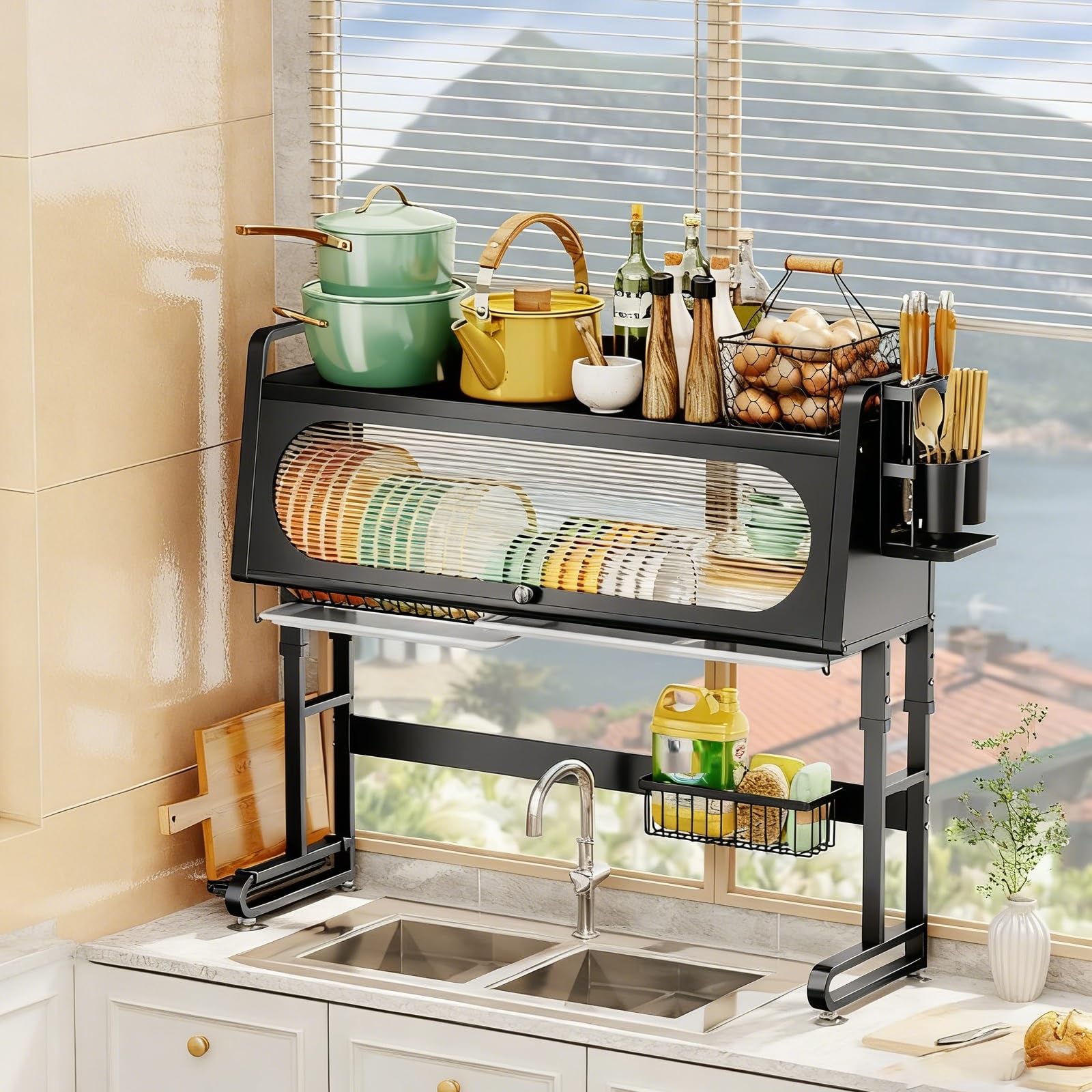 Escurridor de Platos Grande para Colocar sobre el Fregadero, Altura Ajustable, Estante de Almacenamiento con Tapa, Ahorra Espacio para Platos, Vasos, Cuencos y Cubiertos (Negro, 107 cm/42,1