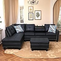 Outdoorchairs 3-Piece Modular L-Shaped Leather Sectional Sofa with Storage Ottoman & Movable Chaise - Deep Black for Living Room