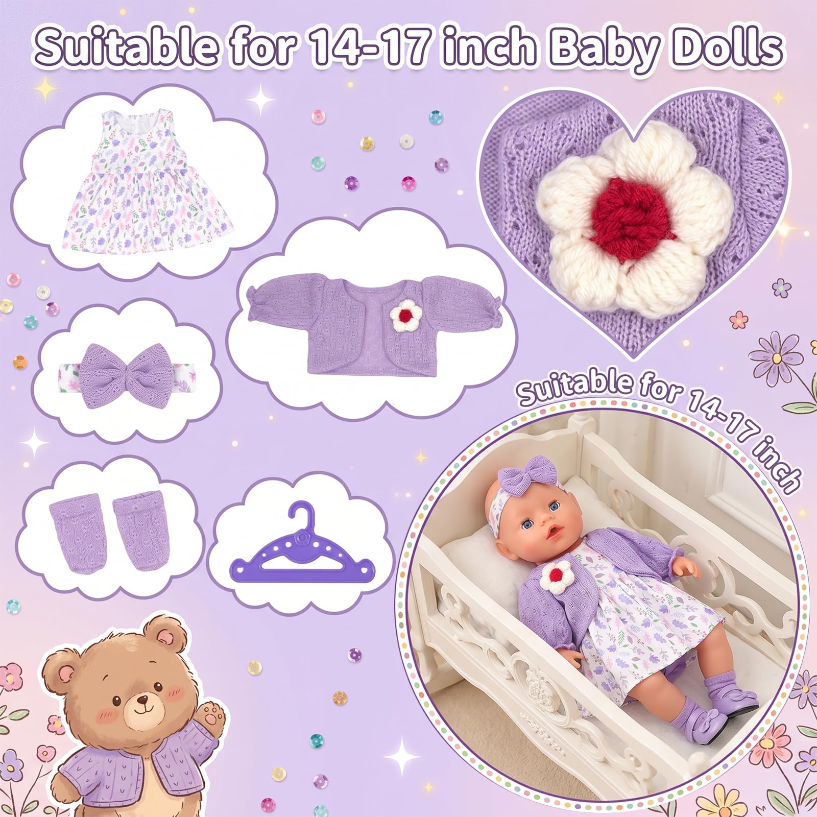 6 sztuk fioletowych ubranek dla lalek niemowlęcych 35-43 cm, słodkie kwiatowe ubranka dla lalek niemowlęcych 14-17 cali, płaszcz, sukienka, opaska na głowę, skarpetki, buty, wieszak na ubrania
