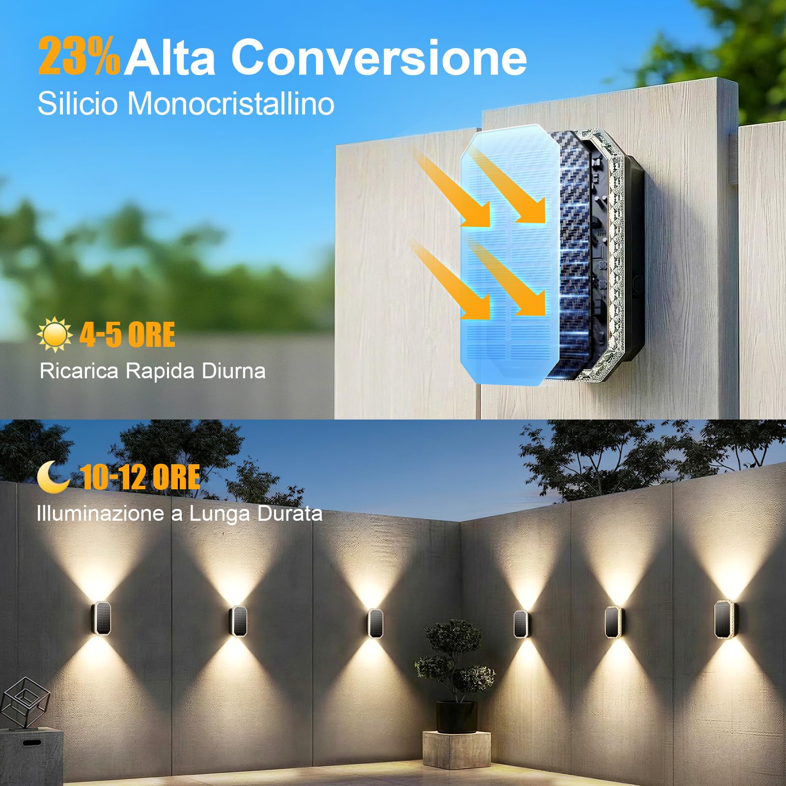 4 Pezzi Lampada Solare da Esterno Alto e Basso, Applique Solare 3 Modalità IP65 Impermeabile, Faretti Lampade Luci Solari da Esterno Giardino Parete Muro Luce Calda Fredda, 3000K/4000K/6500K