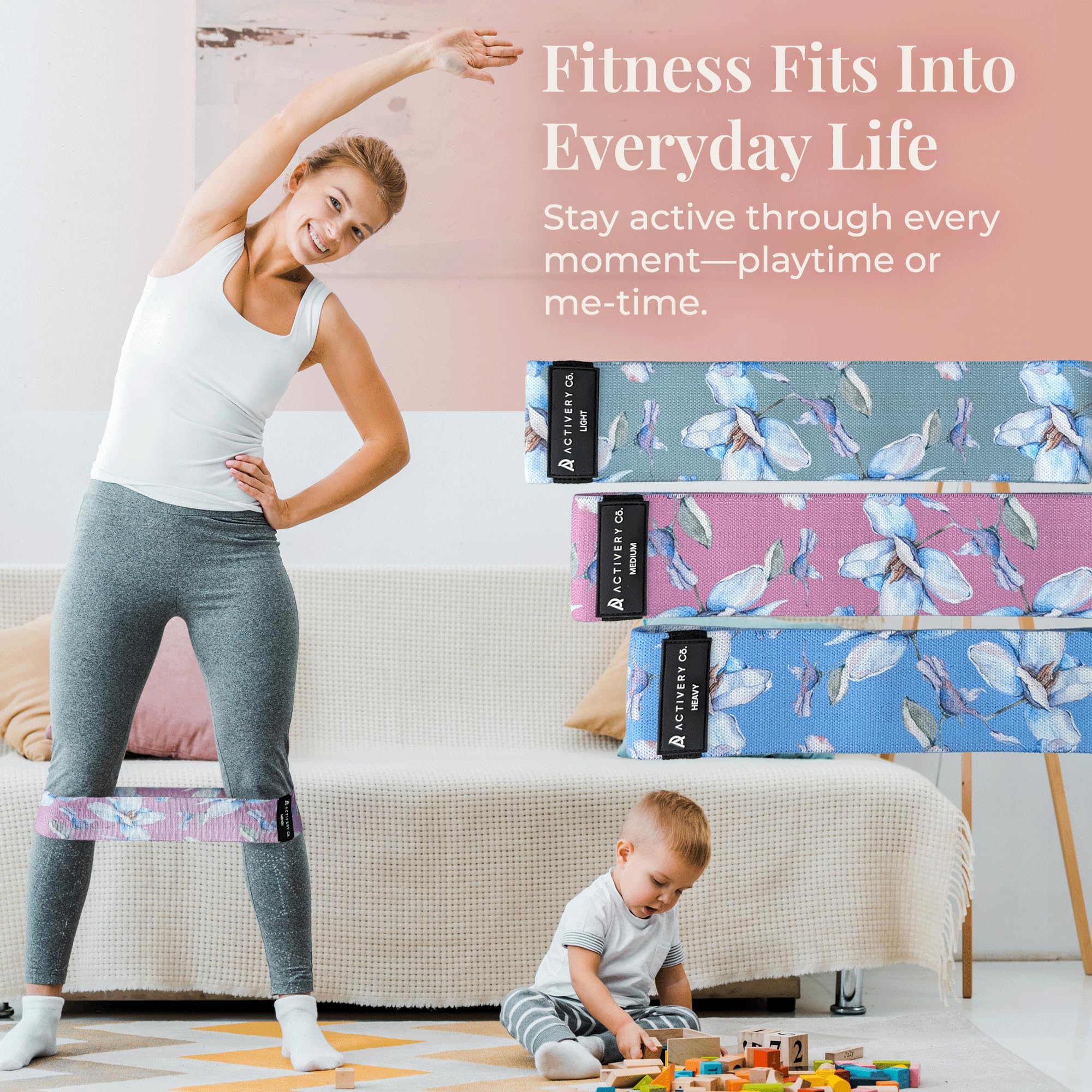 Bandas de resistencia de tela para mujer, paquete de 3 con guía de ejercicios, resistencia ligera/media/pesada, bandas de entrenamiento para glúteos, piernas, fitness y terapia física, diseño floral