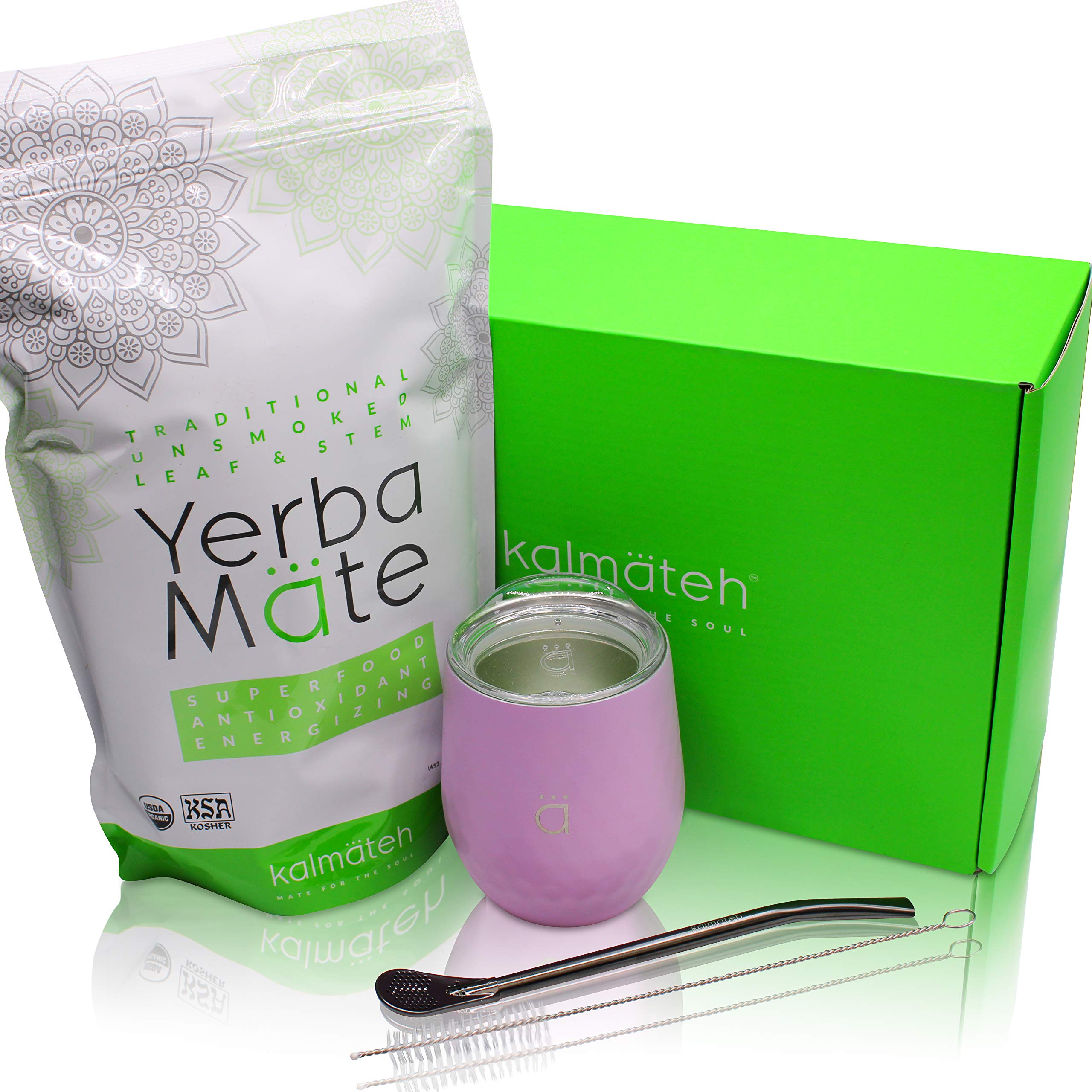 KalmatehYerba Mate Starter Set– Modern 8 oz Double Walled Stainless Steel Mate Cup with BPA Free Lid, Bombilla/Bombilla Cleaner & Organic Unsmoked Yerba Mate (1lb) (Pastel Pink)