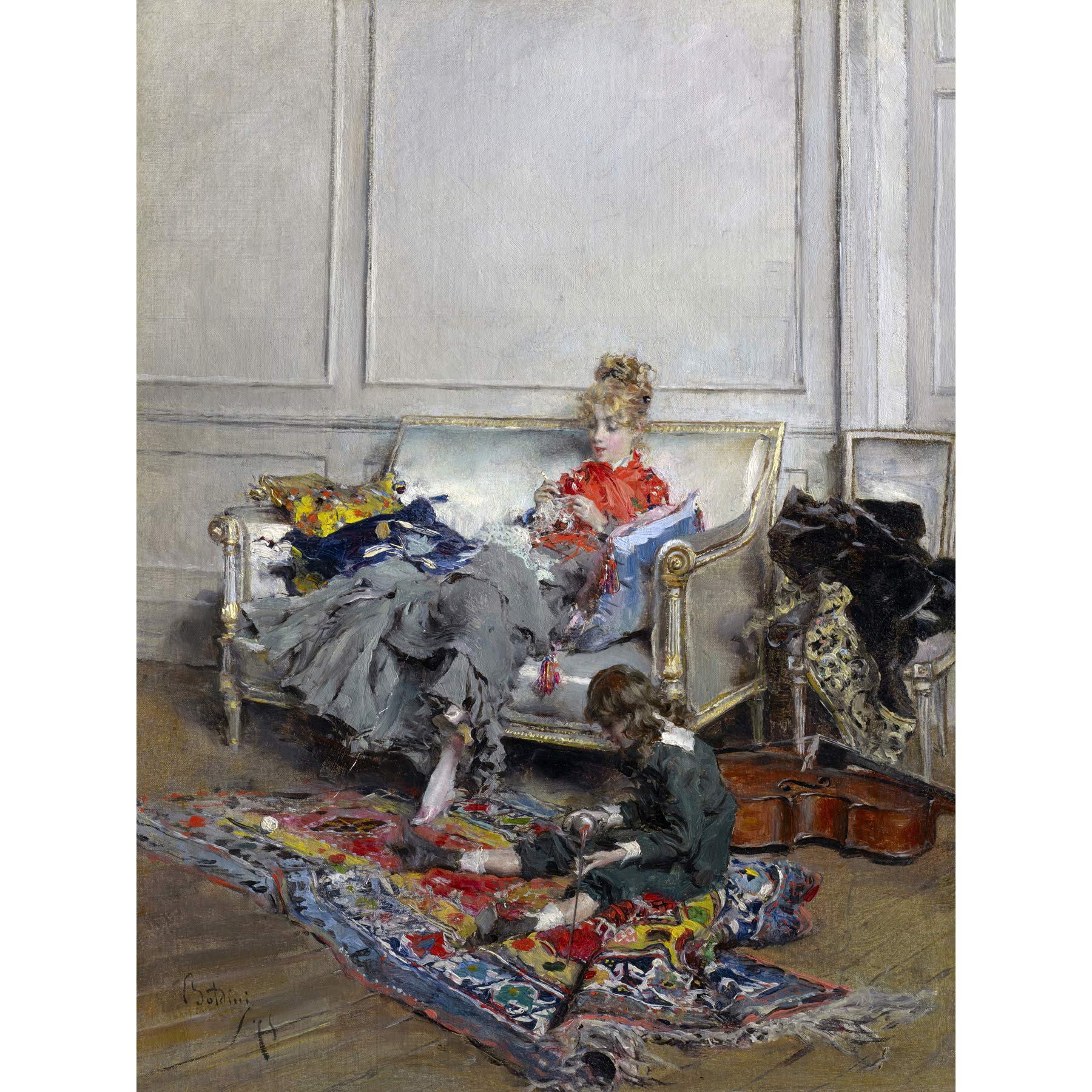 Artery8 Giovanni Boldini Young Woman Crocheting 1875 Painting Large XL Wall Art Canvas Print