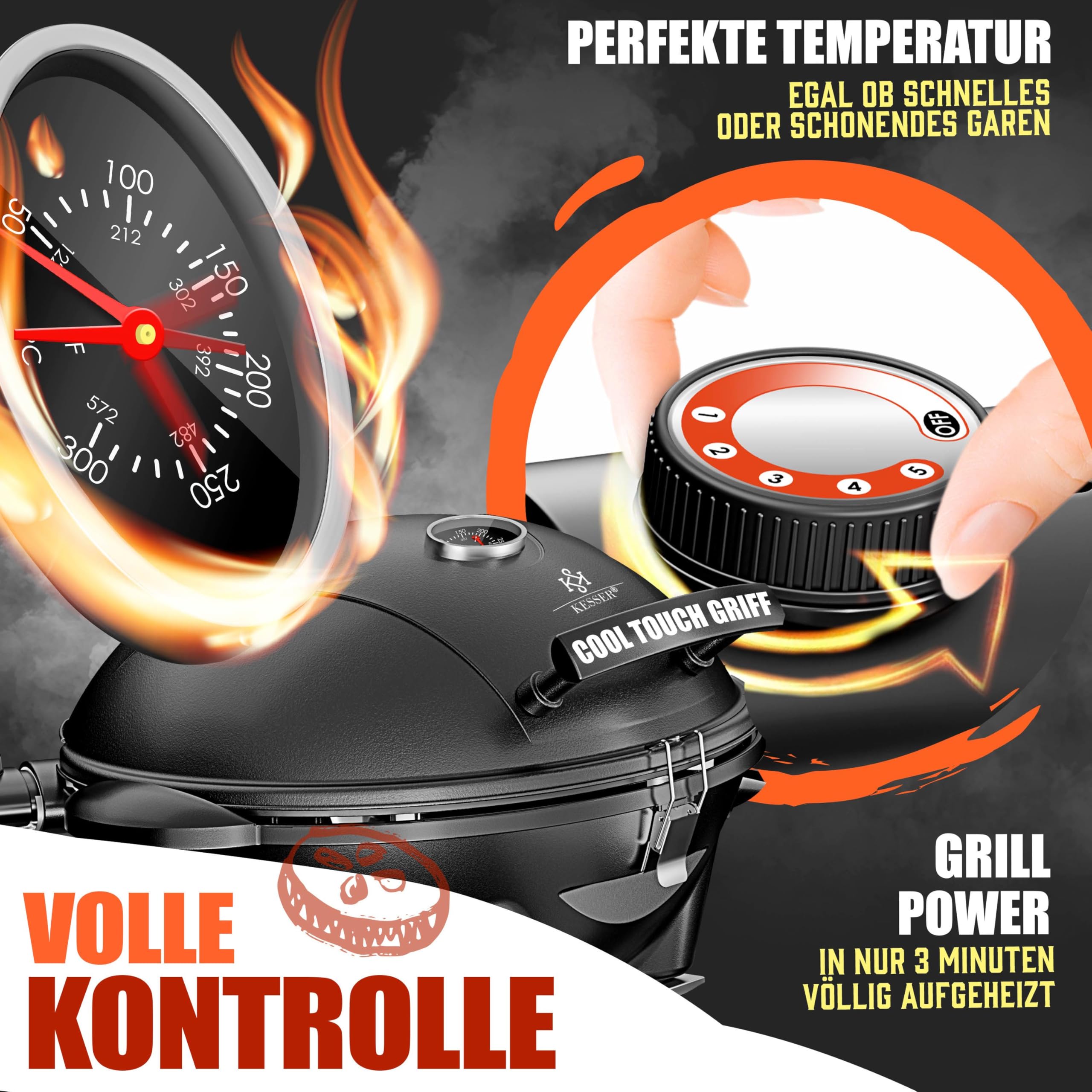 KESSER® Barbecue elettrico 2 in 1 da tavolo - griglia da terra con coperchio | max. 2400 Watt | Pieghevole | Termostato | Rivestimento antiaderente | Piastra griglia Tavoli di appoggio | 2 Ruote |
