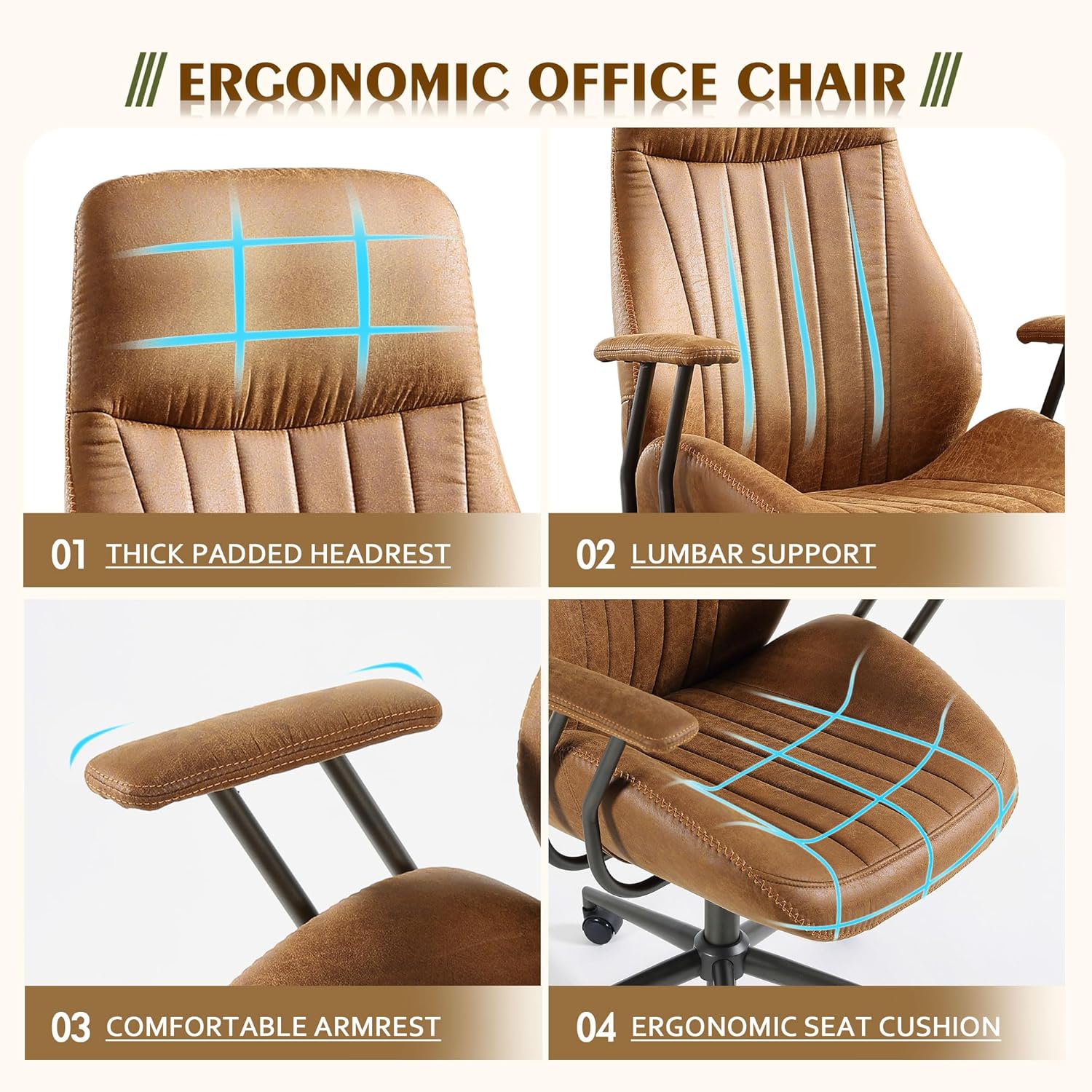 High Back Office Chair,Modern Swivel Office Chair,Brown Suede Fabric Gaming Chair,Height Adjustable Home Office Desk Chair with Lumbar Support - Image 7