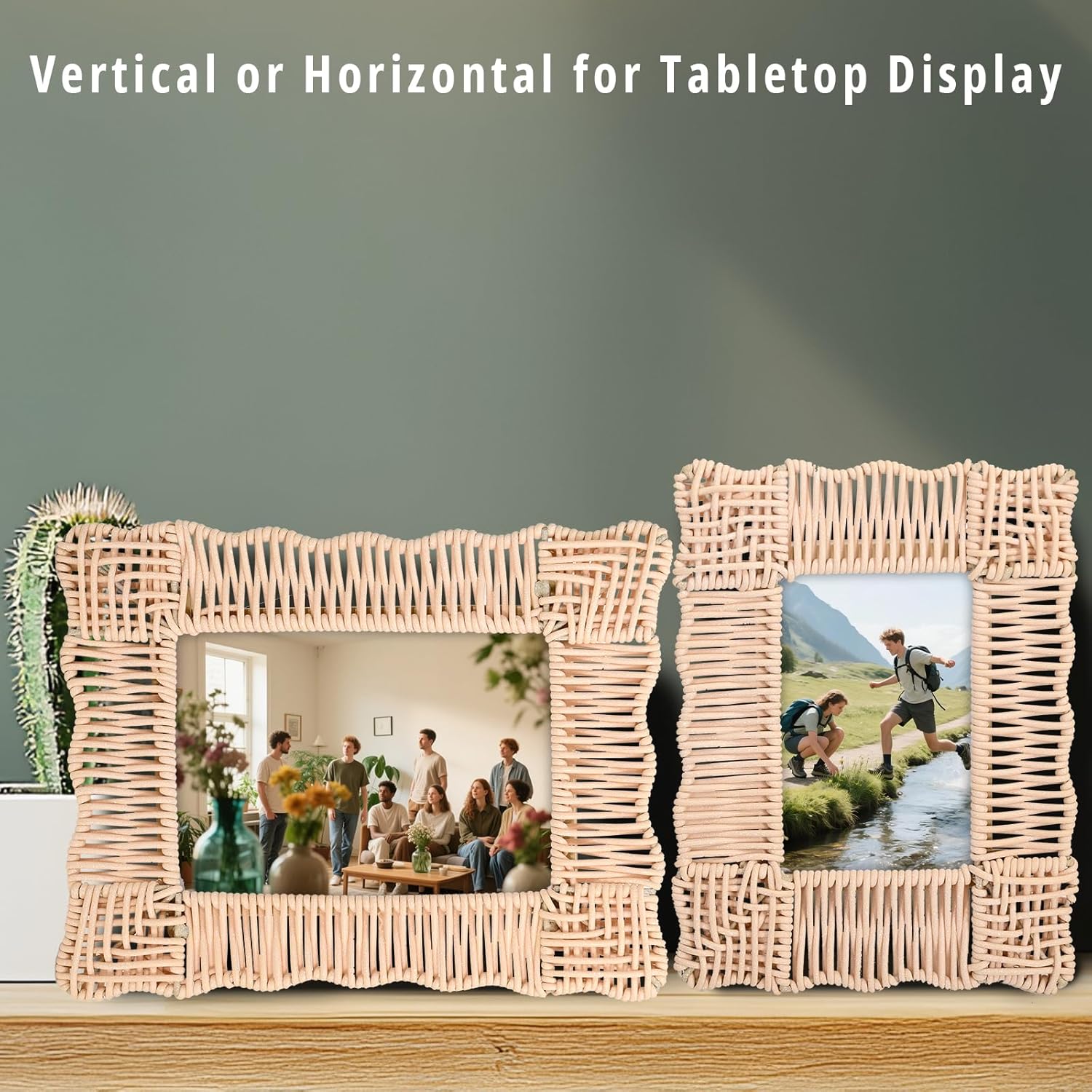 SwallowLiving Boho Farmhouse Faux Wicker Picture Frames Set of 2-5x7 & 4x6 Rustic Rattan Style Photo Display for Tabletop Decor, Vintage Woven Plastic Frame for Home, Office, Gifts, White Wash