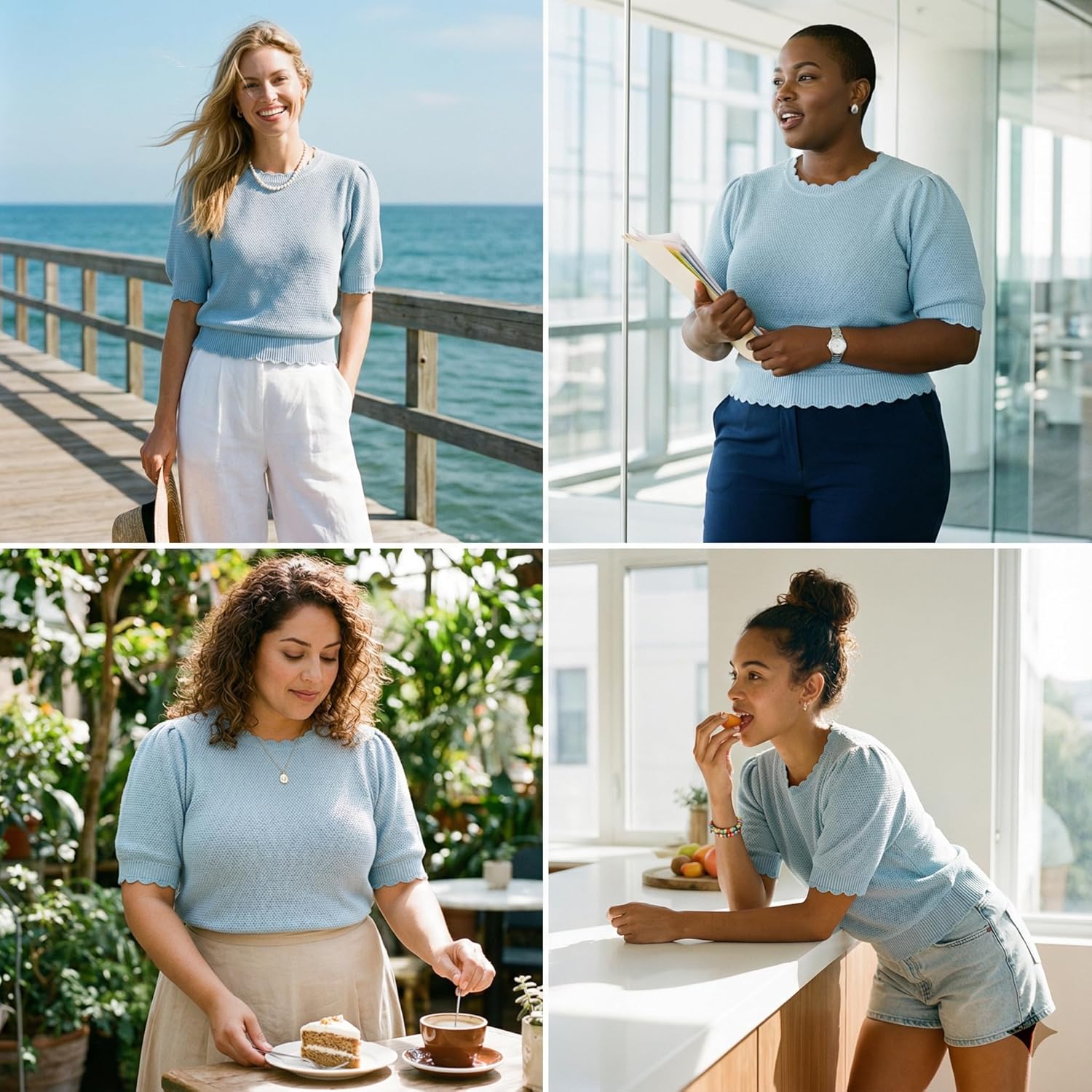 Short Sleeve Sweater for Women Pullover Knit Tops Scalloped Crewneck Puff Sleeve 2026 - Image 6