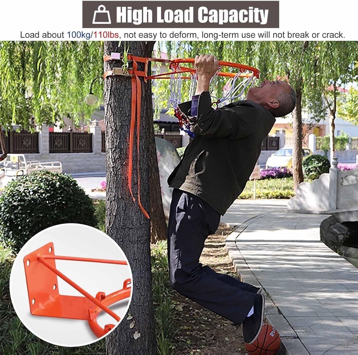 Aro de Baloncesto portátil for Exteriores, Borde de Metal de Doble Anillo de 18 Pulgadas con Red de Nailon y Correas Ajustables, for Todas Las Edades, Poste de árbol de fácil