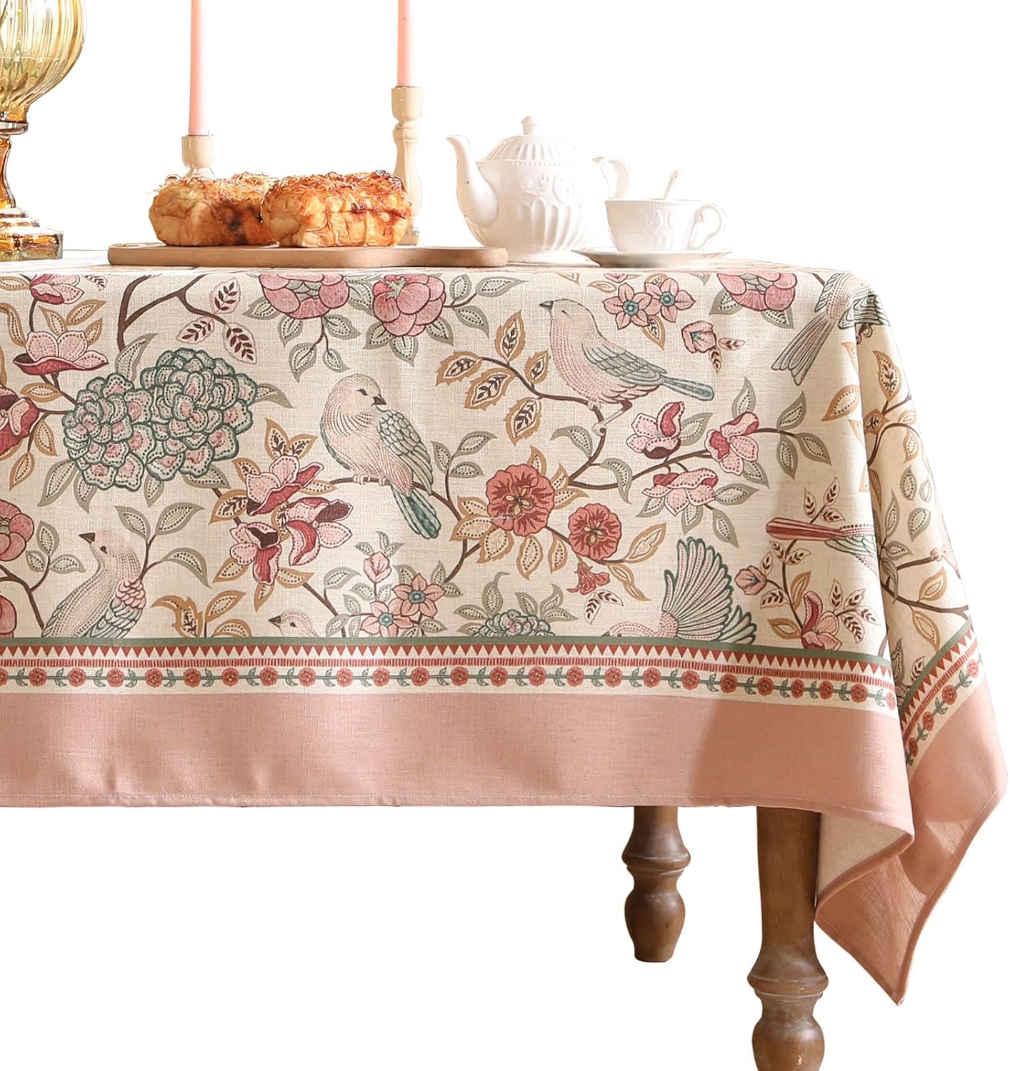patdrea Designer Pink Linen Table Cloth for Rectangle Table,Vintage Floral with Birds Pattern Decorative Tablcloth,French Table Cover for Kitchen Dining,Thanksgiving,Christmas,55"x71"-Kulom a