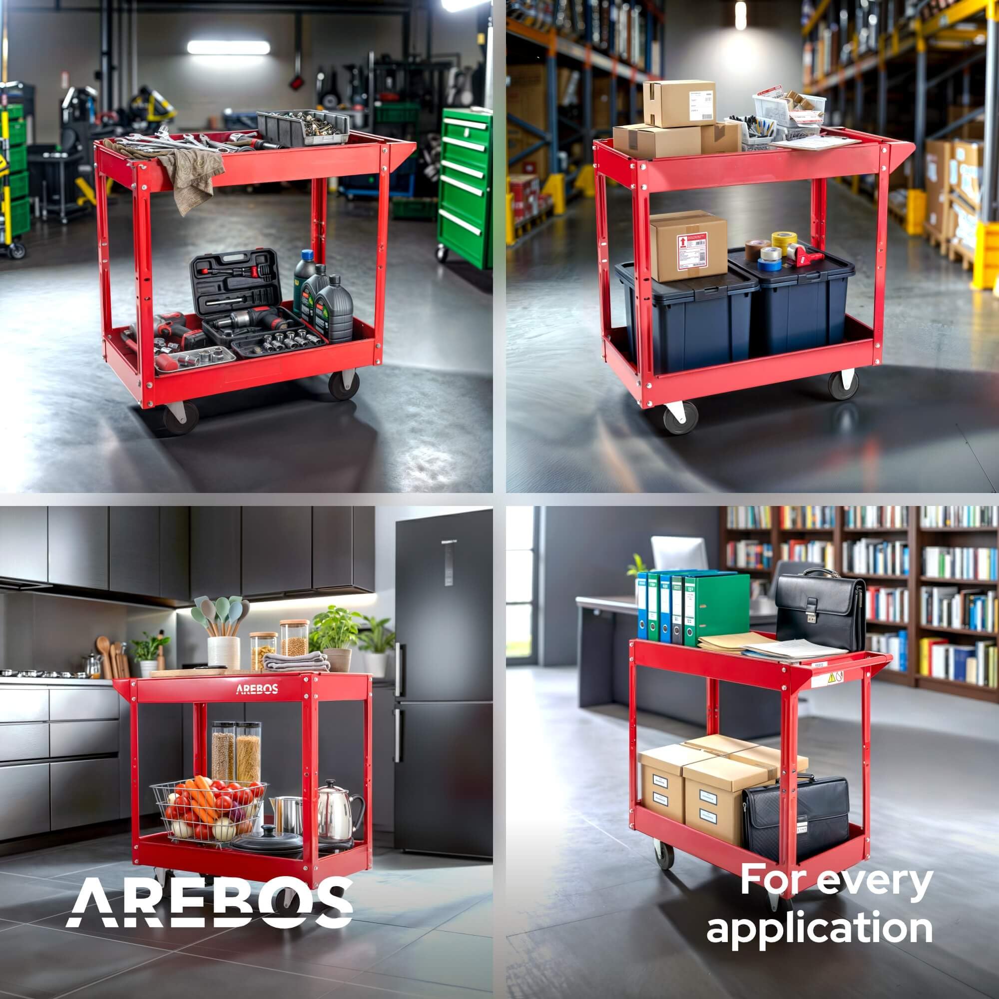 Arebos Set da 2 Carrelli da Officina | Portautensili con 2 Ripiani | Struttura in Acciaio Robusta | Portata fino a 100 kg | Carrello Mobile per Officina, Garage e Fai da Te