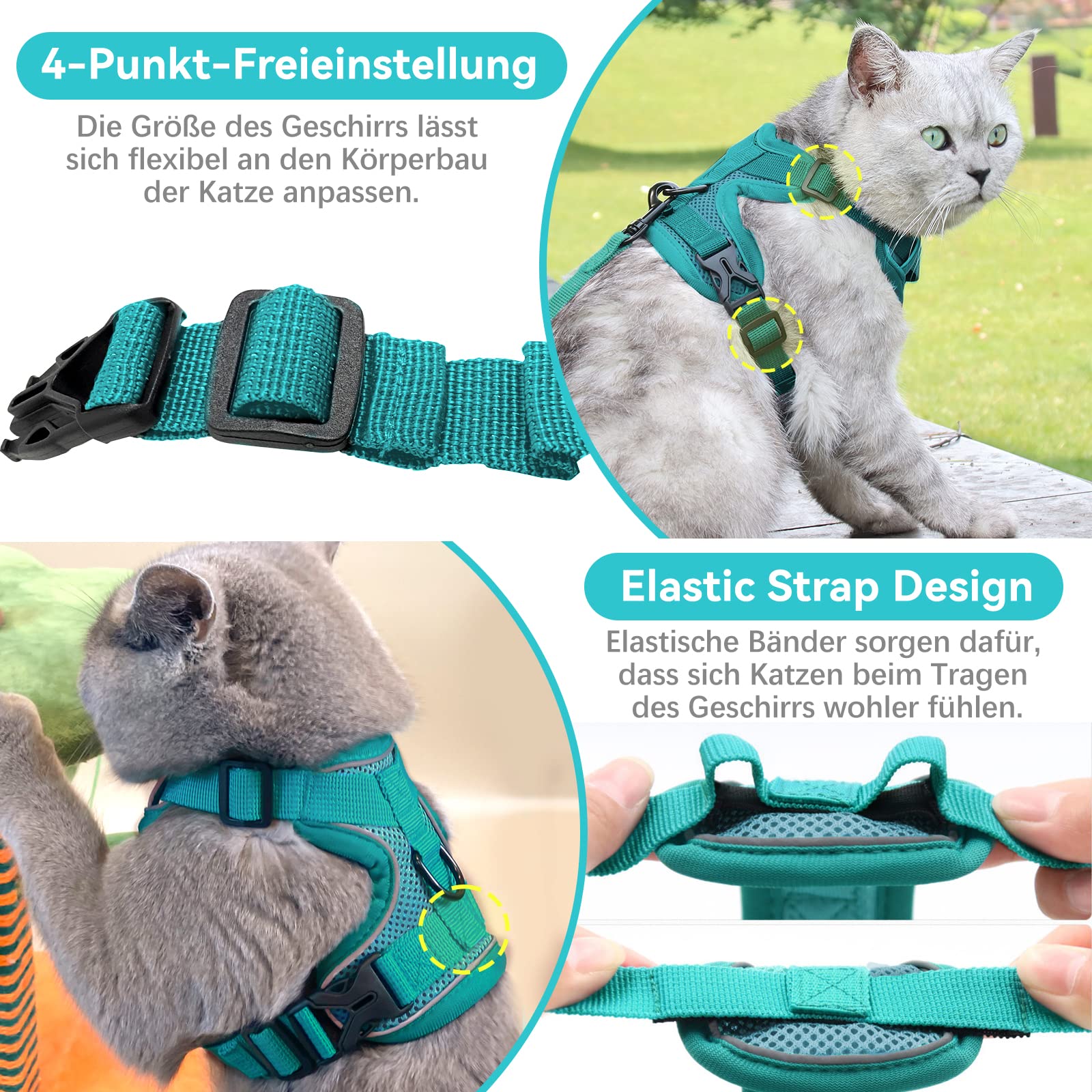 Arnés ajustable para gatos, antiescape, suave, con correa, para gatitos y perros (azul agua, L) — view 6