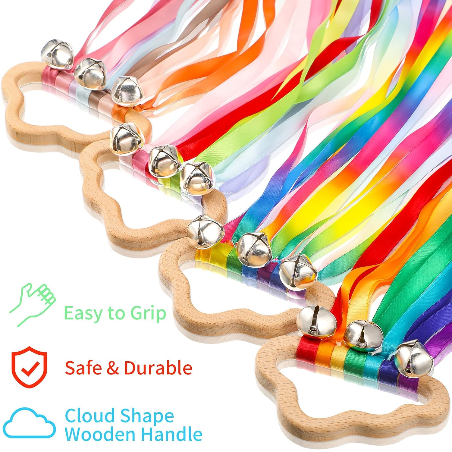 Aoriher 4 Pieces Rainbow Hand Ribbon Kite with Bells Wind Wand Dancing Ribbon Streamer Cloud Wood Sensory Toys Wooden Educational Toy for Party Birthday(Bright Colors)