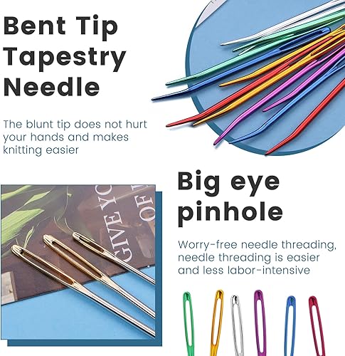 Miniatura 4 de Kit de 24 agujas de tapiz dobladas, agujas de hilo, agujas de coser grandes para ojos, agujas de coser a mano de acero inoxidable con agujas romas,