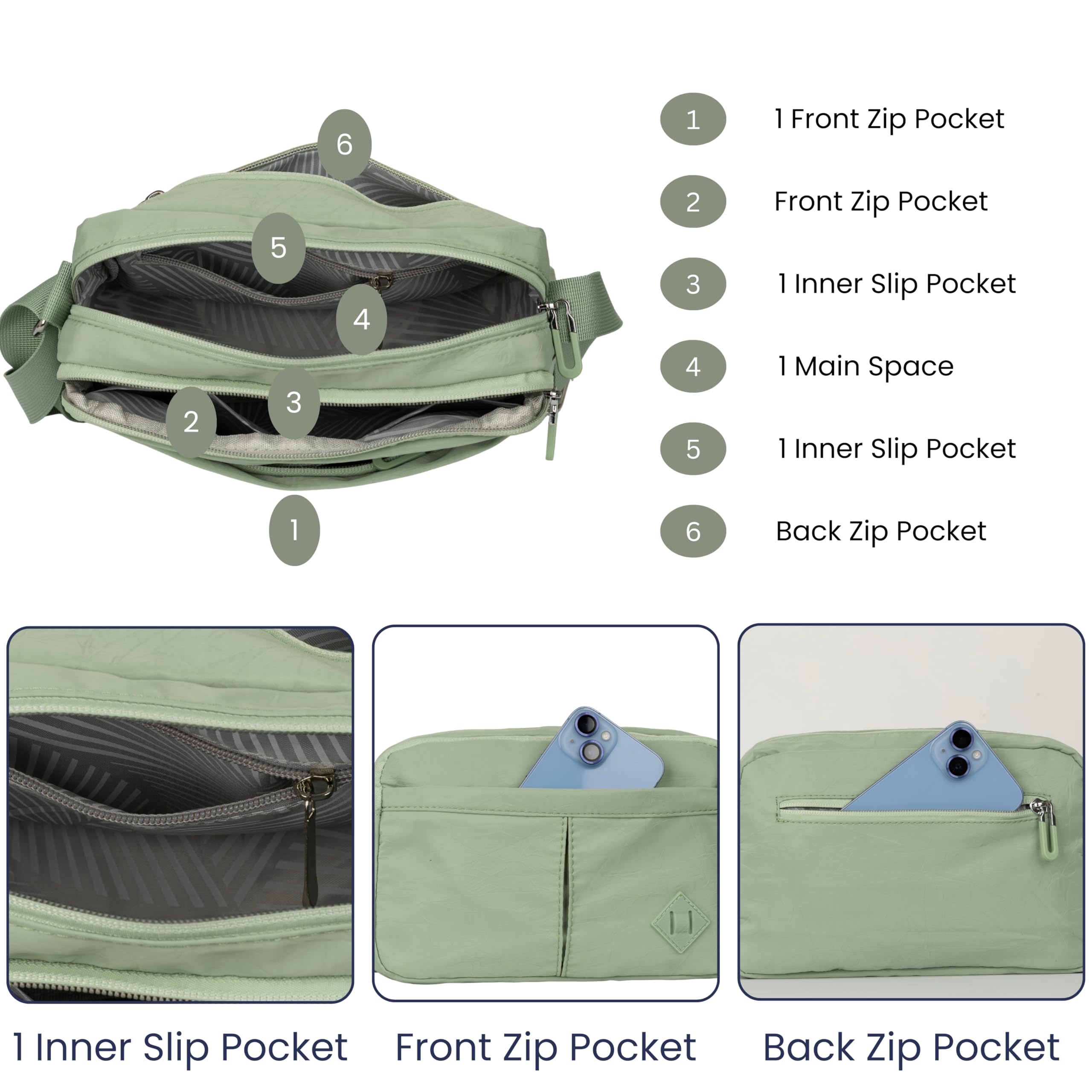PRANIJ Women’s Crossbody Bag – Lightweight Waterproof Shoulder Bag with Multiple Pockets, Adjustable Strap, Stylish Travel Purse for Everyday Use (Sage Green) 3