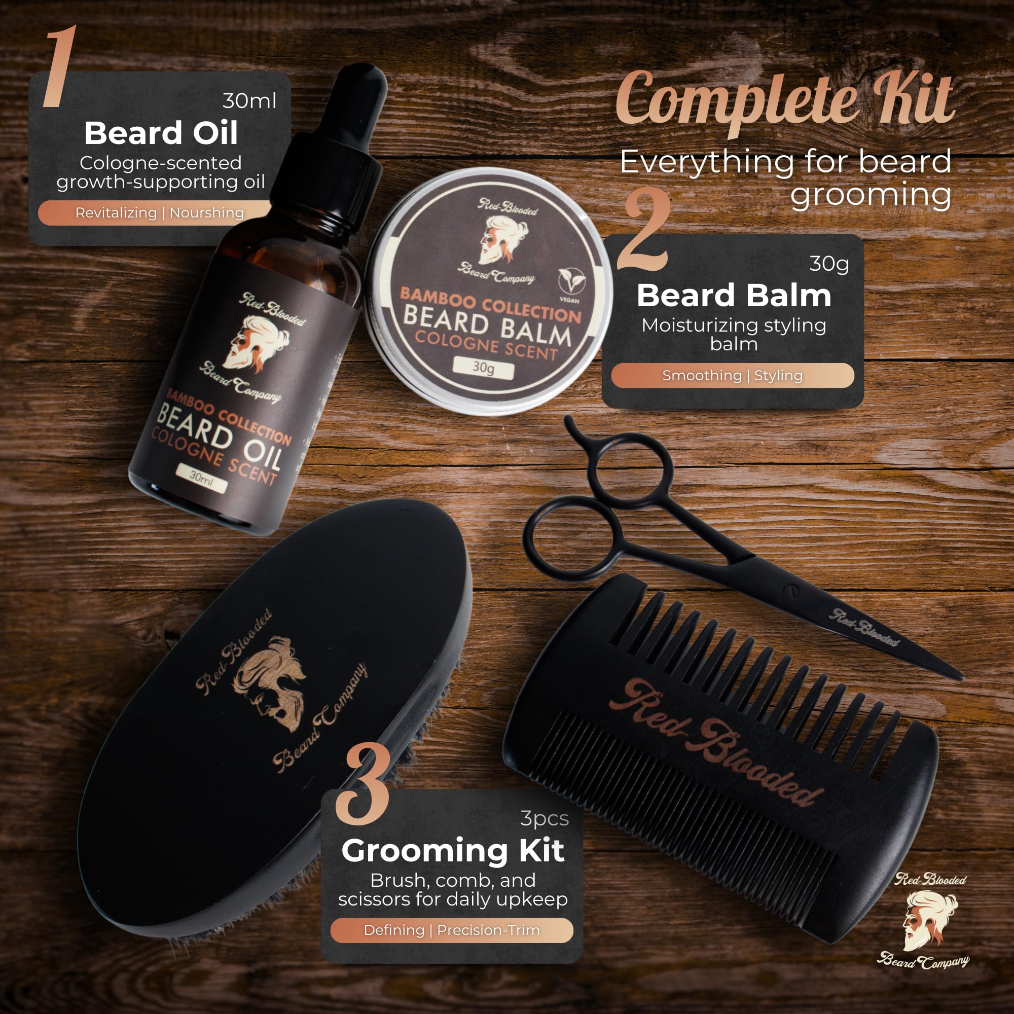Red-Blooded kit barba hombre con aceite para barba, bálsamo para barba, cepillo para barba, peine para barba y tijeras para barba. Colonia perfumada hecha con aceite de jojoba y aceite de macadamia