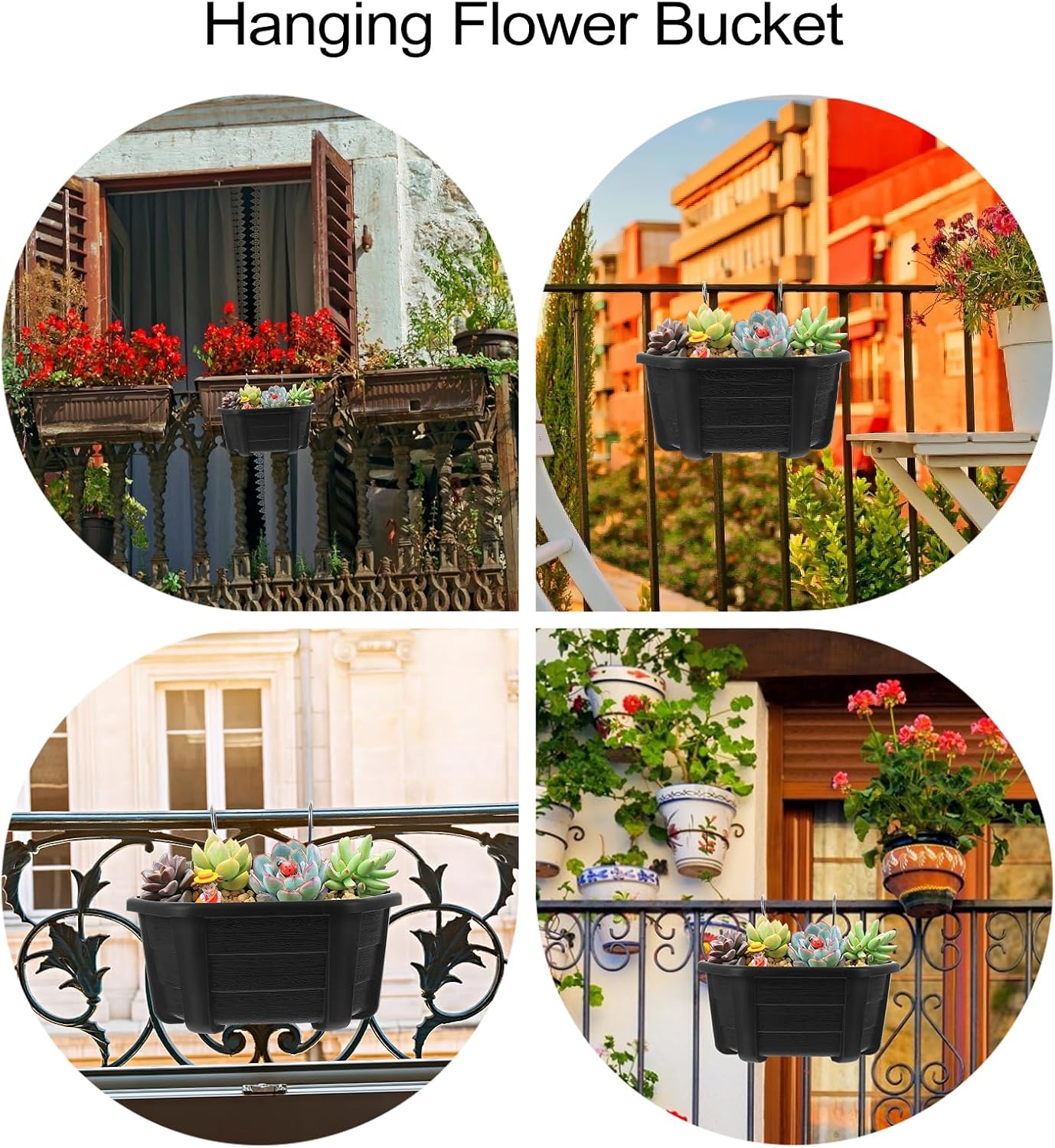 Yardwe Hanging Flower Pots, 2PCS Wall Hanging Planters for Railing Fence Balcony, Plastic Plants Pots for Window Box Garden Patio Balcony Outdoor Flowers Indoor Decor (Black)