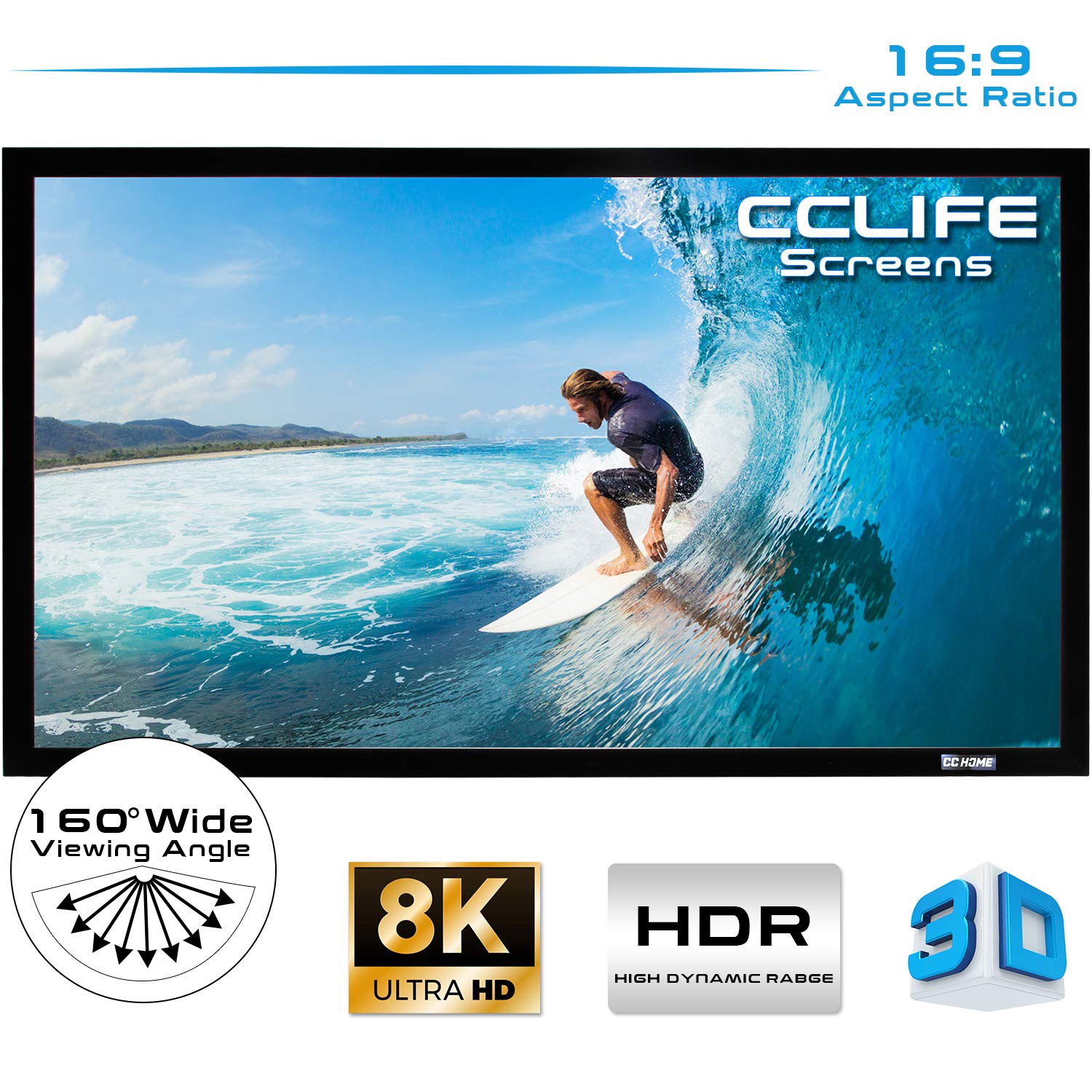 CCLIFE Rama projekcyjna ekran projekcyjny 16:9 100/120/150 cali Ekran projekcyjny do kina domowego z ramą Ekran o wysokim kontraście, kolor:266 X 149 CM