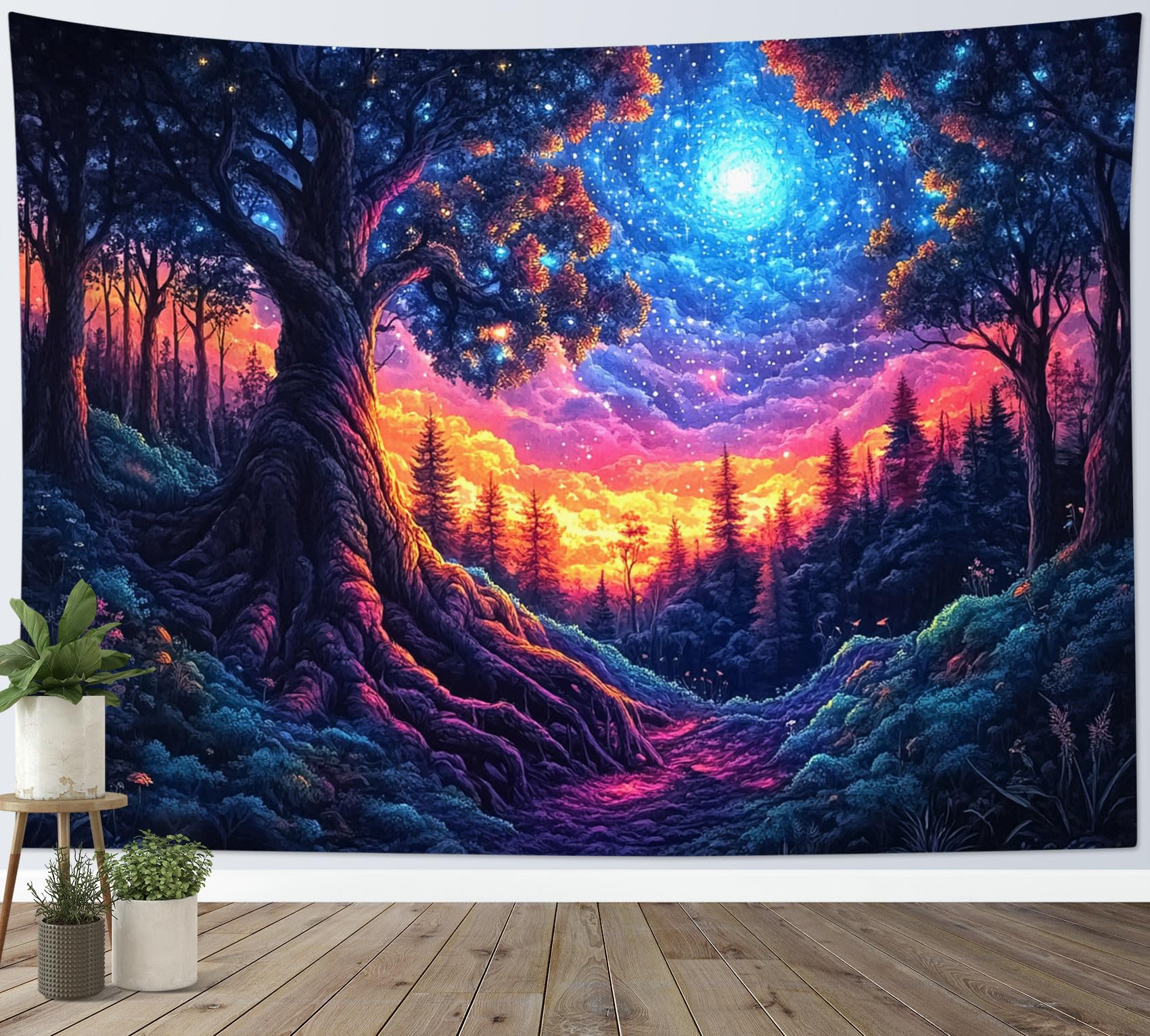 LB Magical Forest Tapestry Trees Plants under Galaxy Tapestry Wall Hanging Stars Clouds in Blue and Orange Sky Tapestries for Living Room Bedroom Dorm Wall Decor,59x51 inch โ image 1