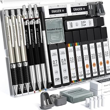 Four Candies Metal Drafting Mechanical Pencil Set 0.5, 0.7, 0.9 & 2.0mm with Sharp Lead HB 2H 2B 4B Colors Art Sketch Design Mechanical Pencils Architecture Carpenter Gift Present Entrance
