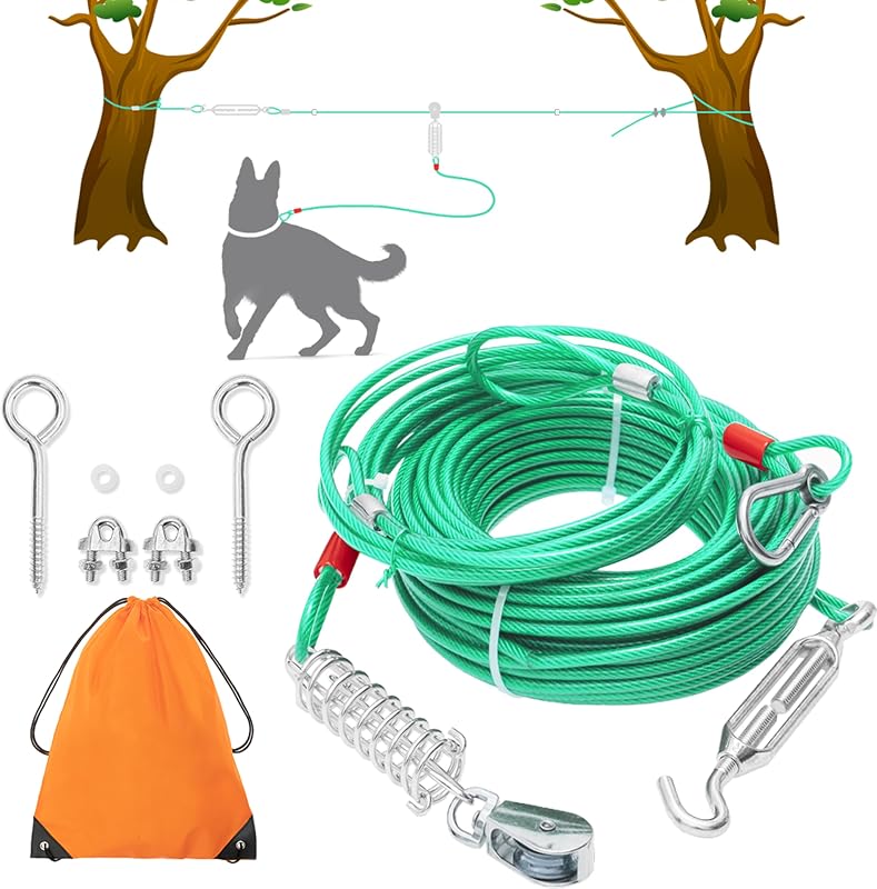Guia de Contenção para Cães PAWNISAW com Sistema de Trolley para Quintal, 30,48 m + 3,05 m