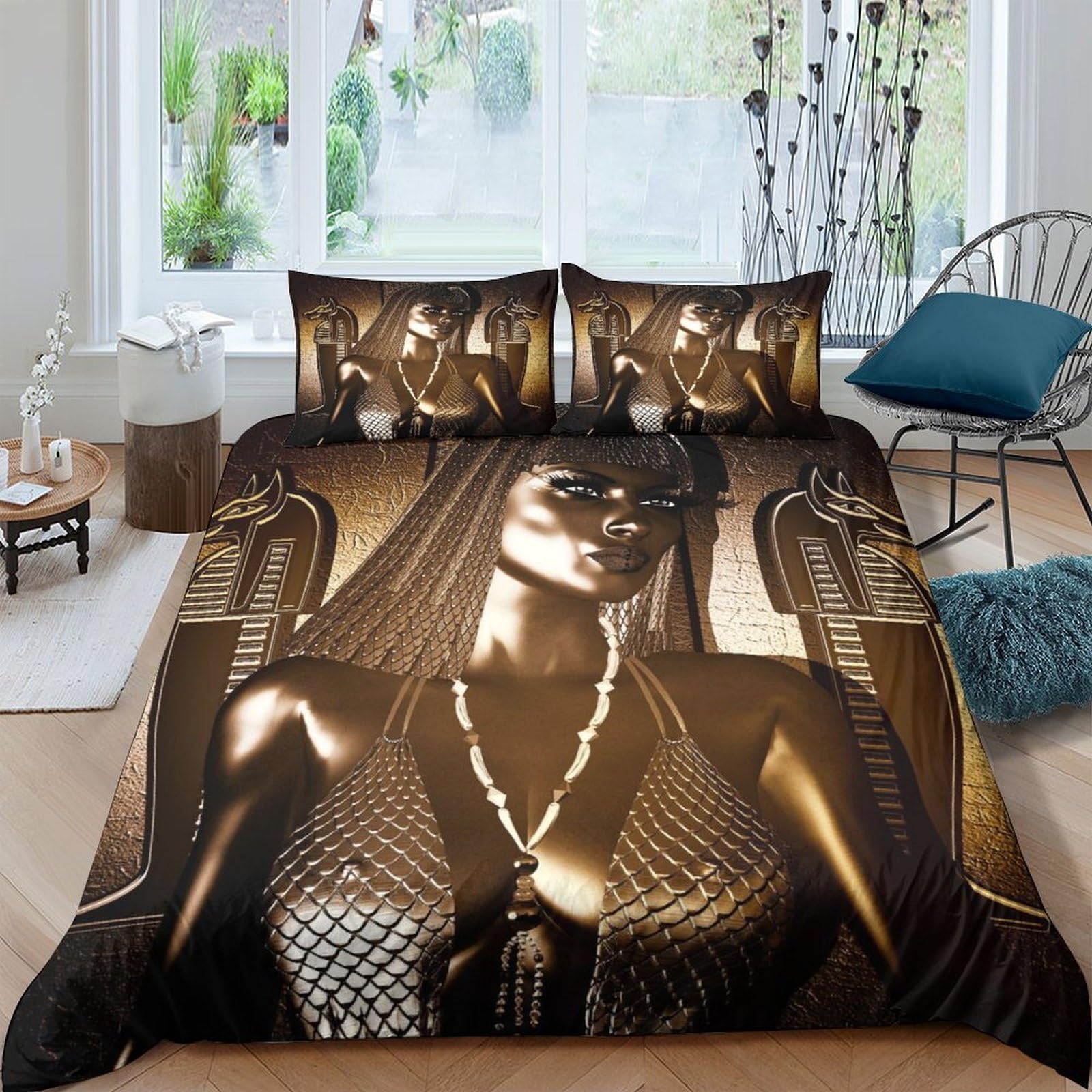 Ctjqhvkz Style-9 3D Printed Golden Egyptian Goddess Fitted Sheet Microfiber Soft Black Bed Cover For Bedroom Dorm Mattress Decor Single（135X200cm）
