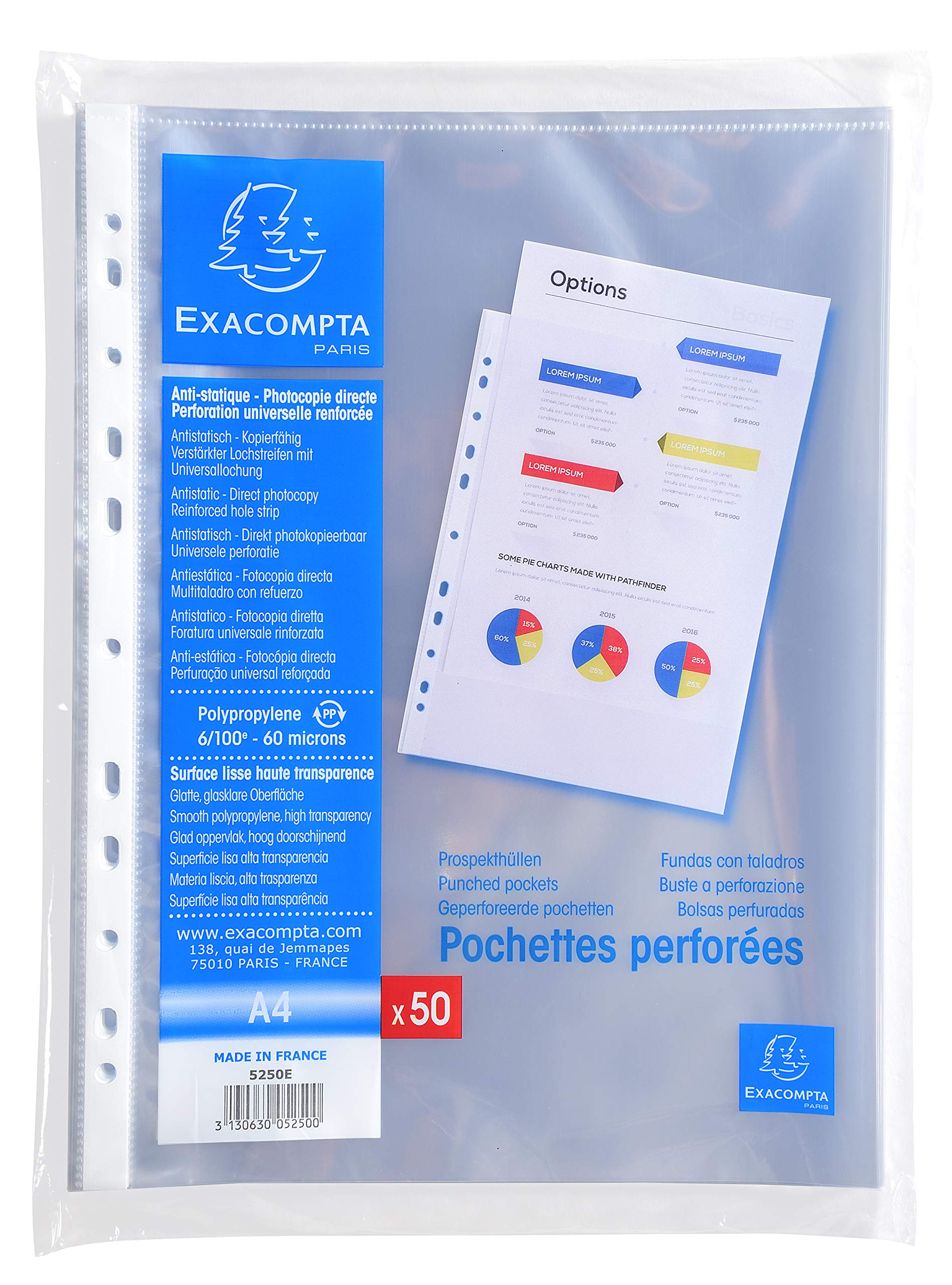 Exacompta - Ref 5250E - PP Document Punched Pockets - Suitable for A4 Documents, 0.1mm Polypropylene, Top Opening for Documents, Pre-Punched Left Tab - Clear (Pack of 50)