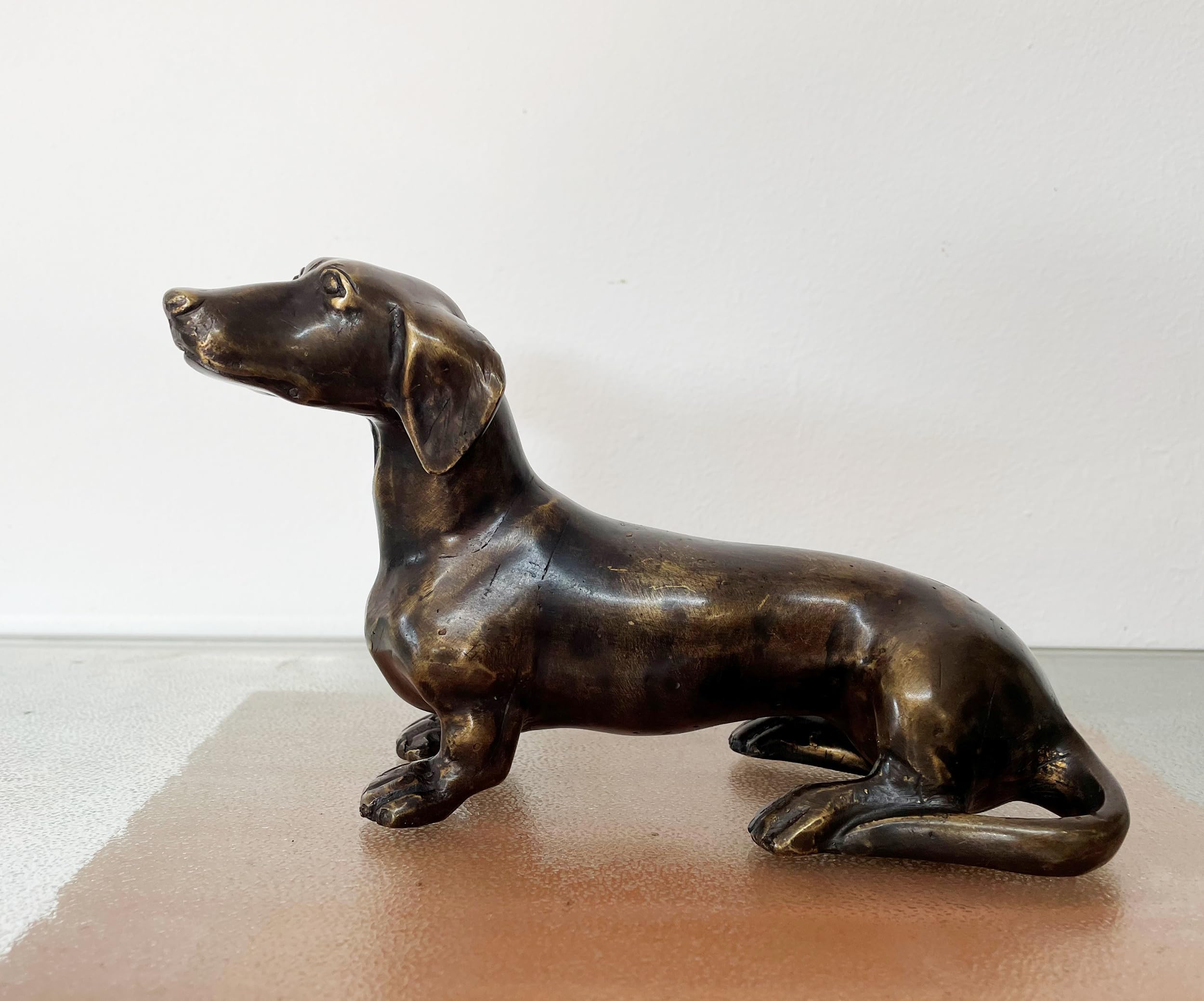 STEINFIGURENWELT GIEBEN Bronzefigur Dackel 12x20cm Dekoration aus Bronze Skulptur Tier Figur Deko Geschenk Bronzestatue Kurzhaardackel Wetterfest
