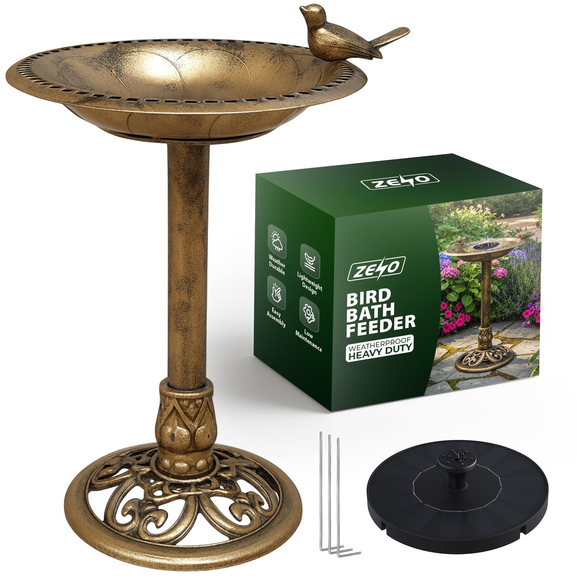 ZENO Bird Bath | Bird Bath for Garden | Antique Bronze Outdoor Birdbath with Solar Fountain, Weighted Base and Sculpted Birds Accent for Attracting Wild Birds to Your Garden