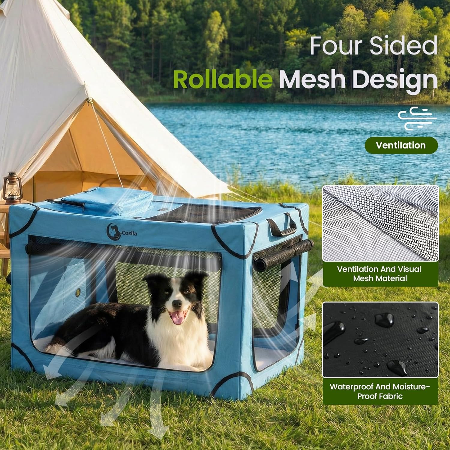 Portable Collapsible Dog Crate for Large Dogs, 4 Mesh Doors & 2 Storage Bags, Indoor Outdoor Travel Dog Kennel, Blue, 36" x 25" x 25"