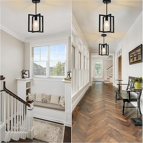 Miniatura 7 de Lámpara de techo de 1 luz negra semiempotrada, lámpara de techo rústica vintage retro de metal industrial de granja para pasillo, entrada,