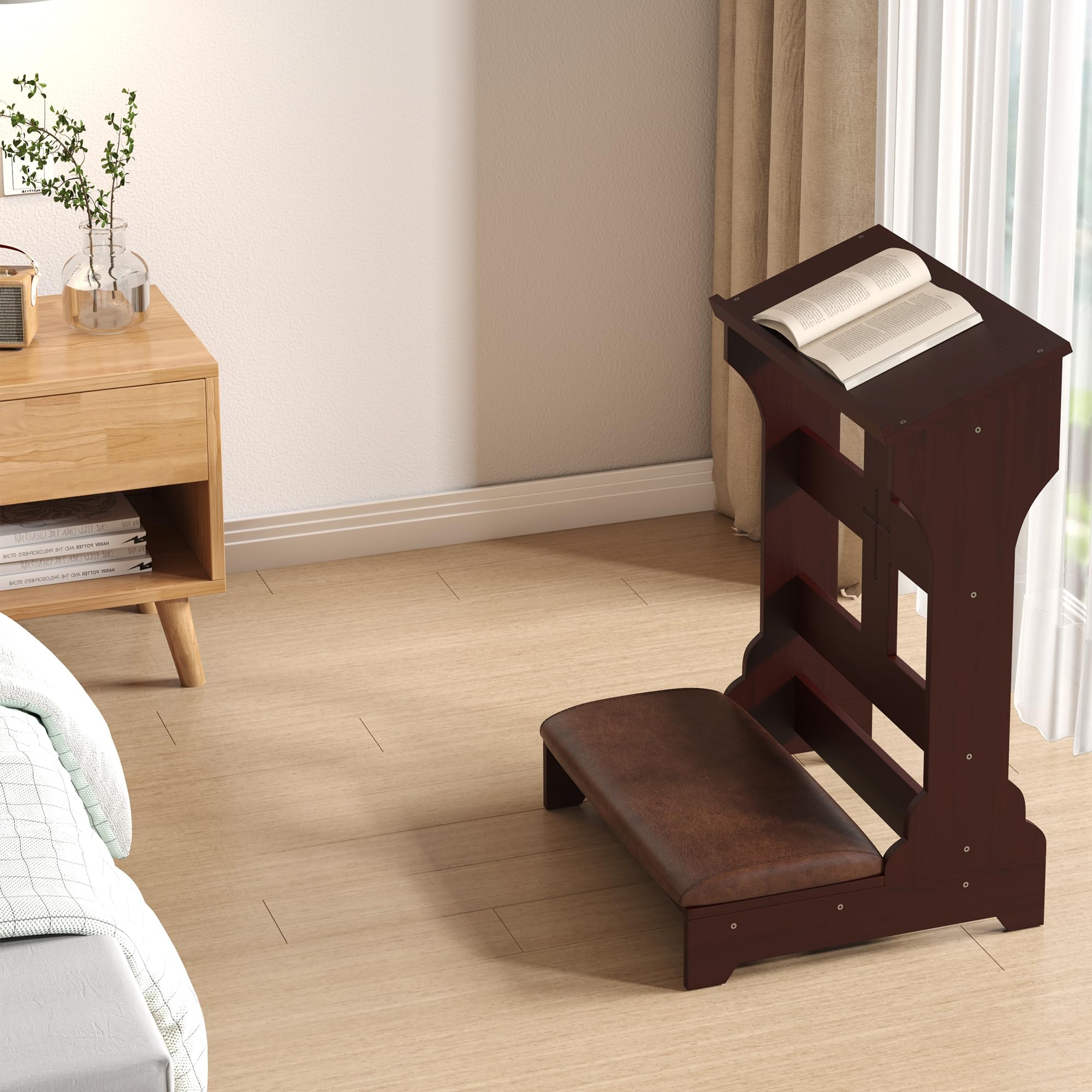 uyoyous Gebetsbank, Gebetskniebank aus Holz, gepolsterter Kniehocker mit Kissen, Kniebank zum Beten für Bibellesen Beichtstuhl, Gebetsstuhl für Haus und Kirche（Dunkelbraun）