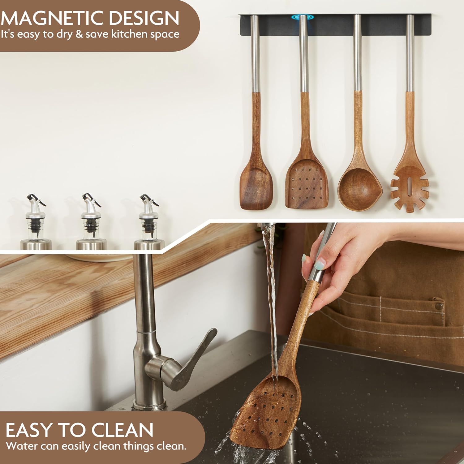 Edergoo 4 PCS Acacia Wood Cooking Utensils Set with Magnetic Hanging Handles Stainless Steel, Heat-Resistant Multi Function Cooking Tools