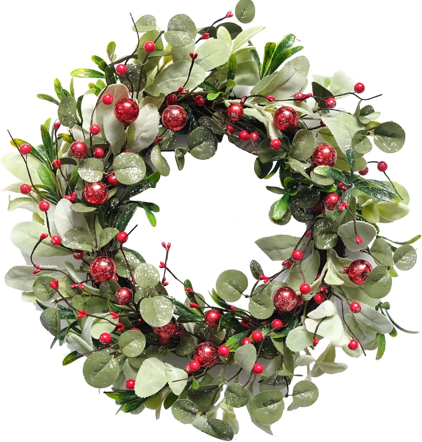 idyllic 22 Inch Artificial Christmas Wreaths for Front Door, Winter Spring Decoration Wreath with Red Berry Lamb Leaves, Evergreen Natural Wreath for Indoor Outdoor Farmhouse Festival Home Decor