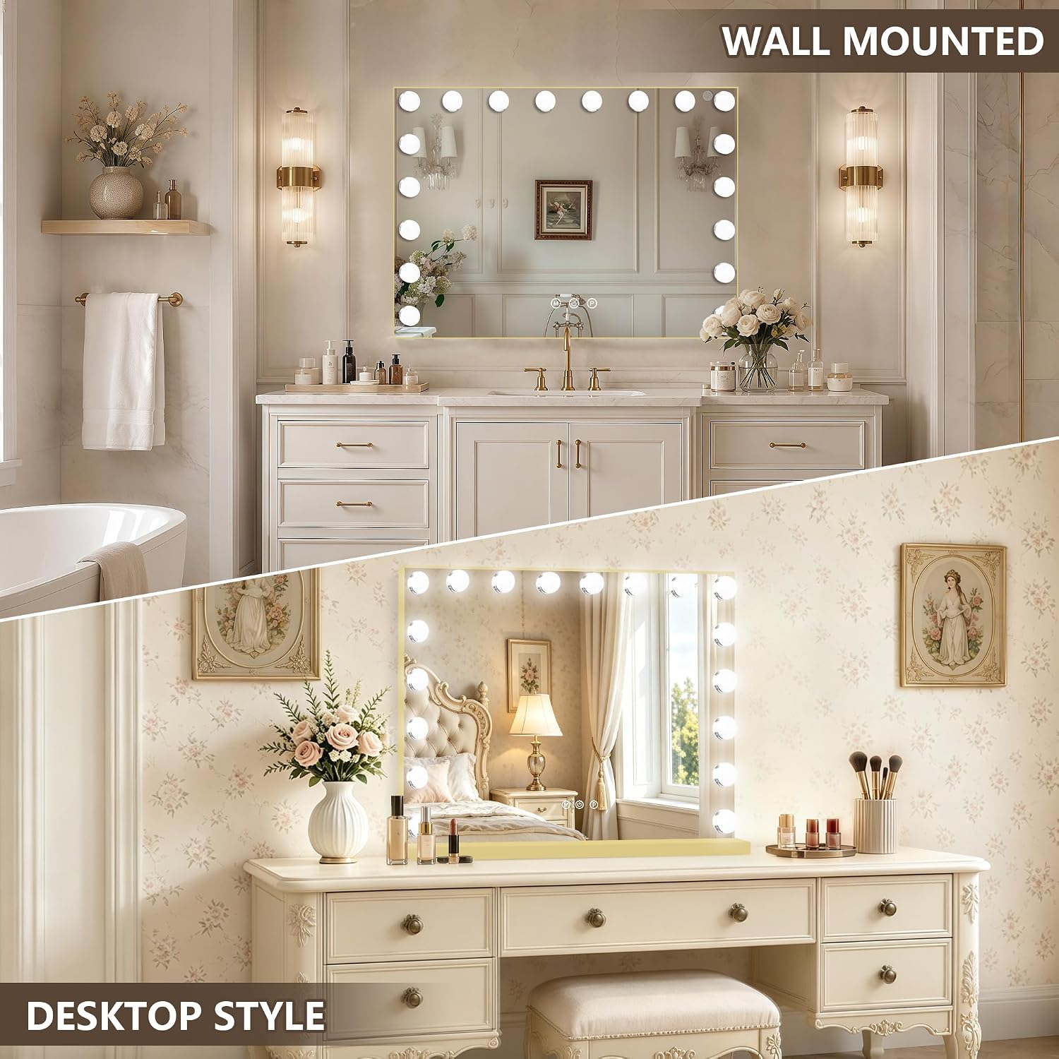 Ratsamee Gold Hollywood Vanity Mirror with Lights, 18 Dimmable Bulbs, 3 Color Lights,Make Up Lighted Mirror, Aluminum Metal Frame, USB Charging Port（32" x 24"） image 4
