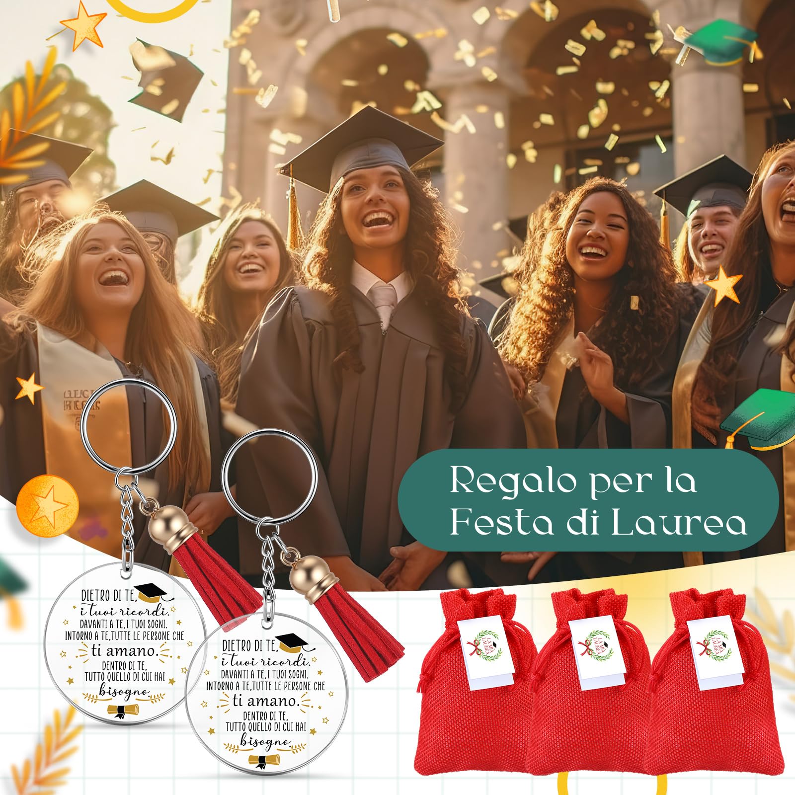 Jadive 30 Sets Bomboniere Laurea Ciondolo Bigliettini Bomboniere Portachiavi con Nappa, Sacchetti Portaconfetti Laurea, Confetti Rossi, Bigliettini con Diploma Corona d'Alloro, Regalo Festa Cerimonia