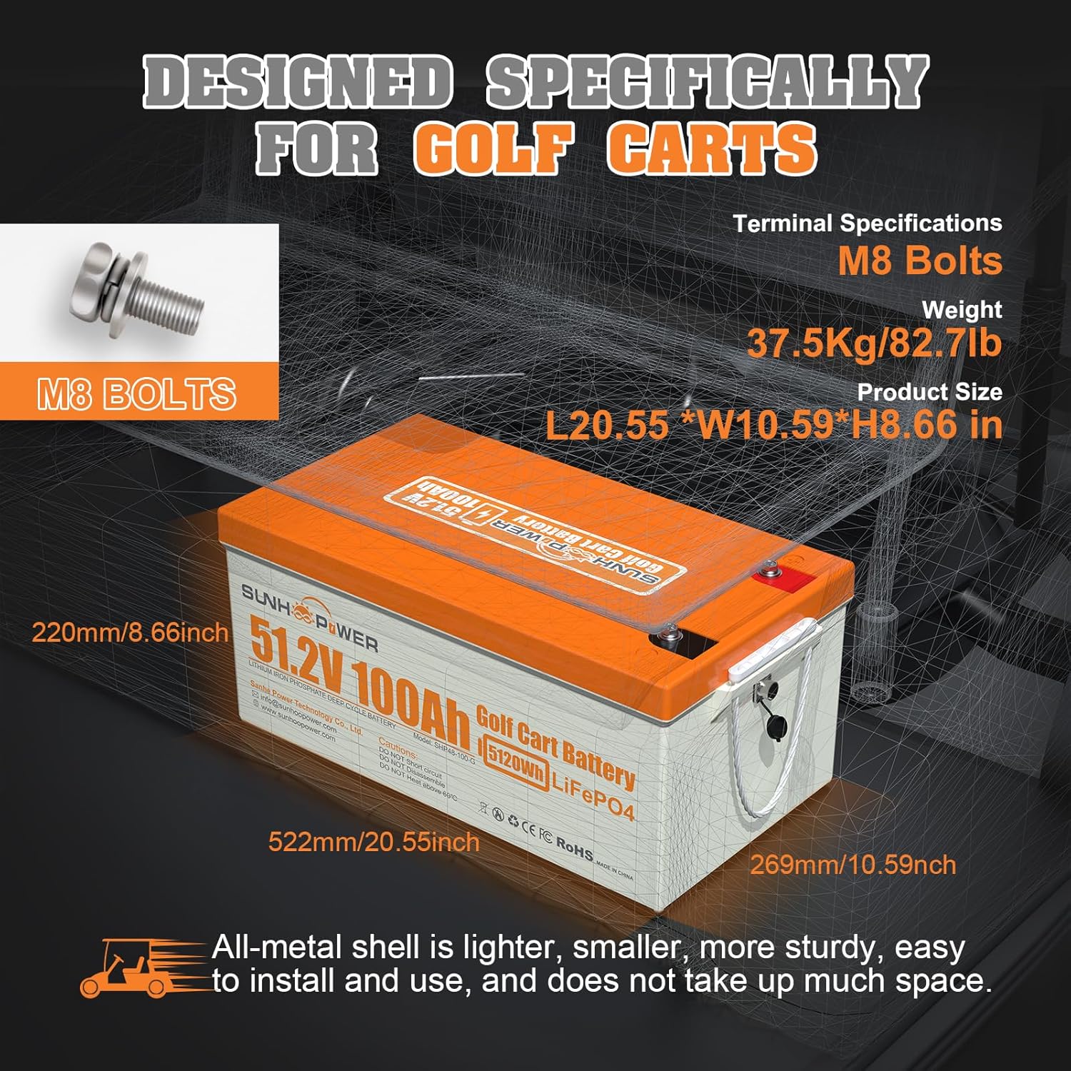 48V(51.2V) 100Ah LiFePO4 Lithium Battery for Golf Cart with Bluetooth,Touch Monitor, 200A BMS & 20A Fast Charger and Retention Strap, Perfect for Golf Cart, Club Car, Trolling Motor