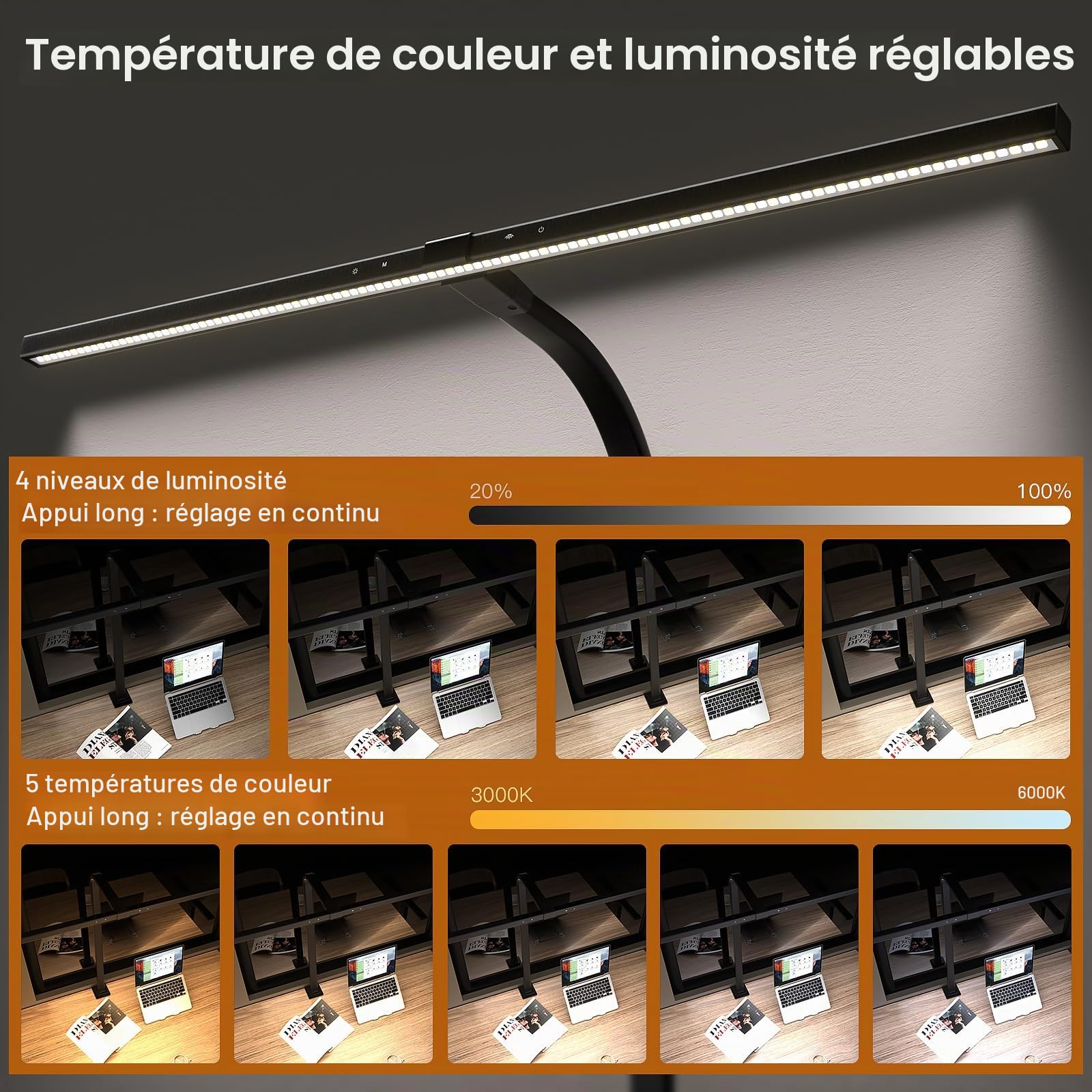 EYOCEAN Lampe de Bureau, 24W 80cm Lampe d'Architecte, lampe de travail avec Pince, LED Protection des Yeux, Température de Couleur et Luminosité Réglables, Fonction de Mémoire et de Chronométrage