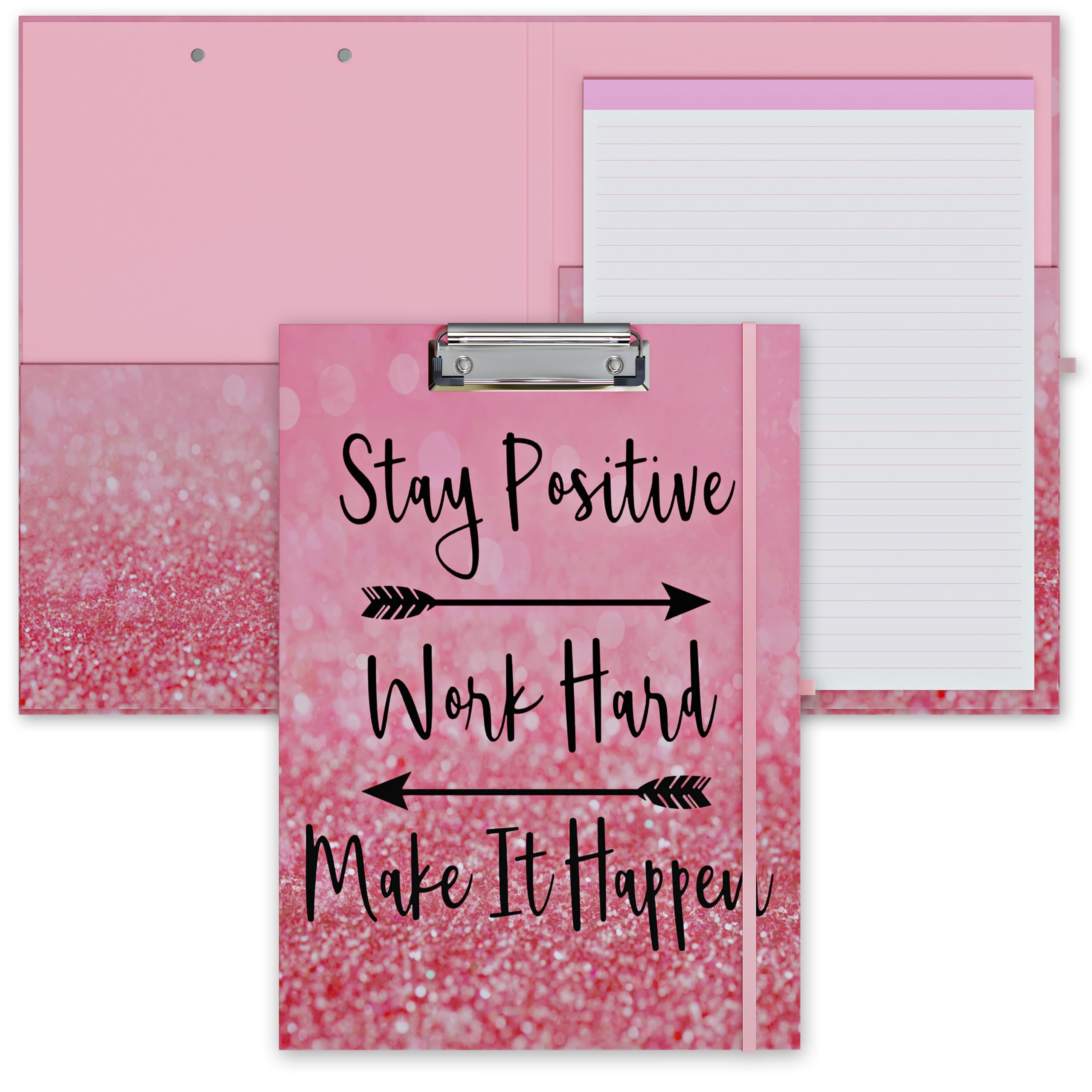 Clipboard Folio with Refillable Lined Notepad, Low Profile Clip and Interior Storage Pocket, Cute Clipboard Folder Design for Students, Office, School