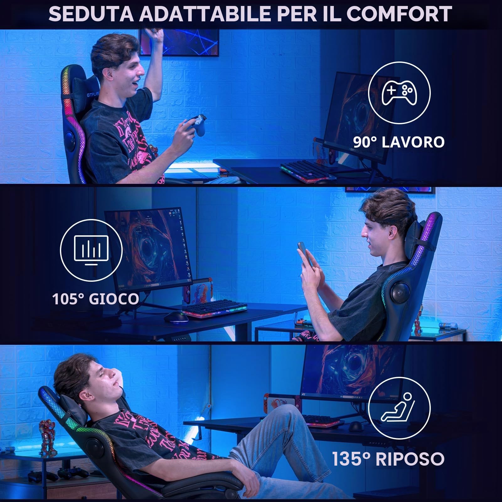 GTPLAYER Sedia da gioco, sedia da ufficio, sedia da gioco con altoparlante e barra luminosa, sedia da giocatore, schienale con custodia, sedia ergonomica PC con telecomando