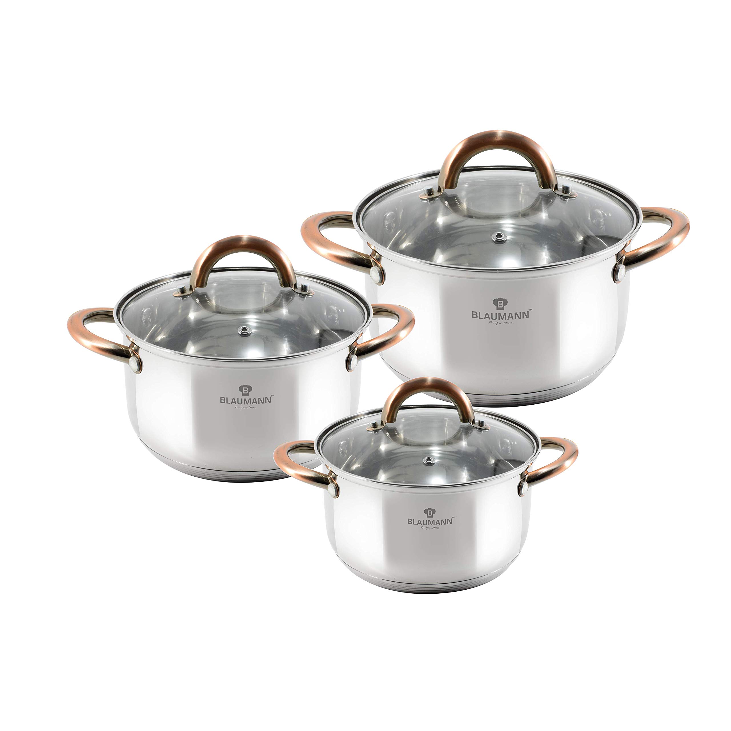 Urbn-Chef Silver Set Of 3 Stainless Steel Induction Casserole Dish Stockpot Pot Soup Glass Lid