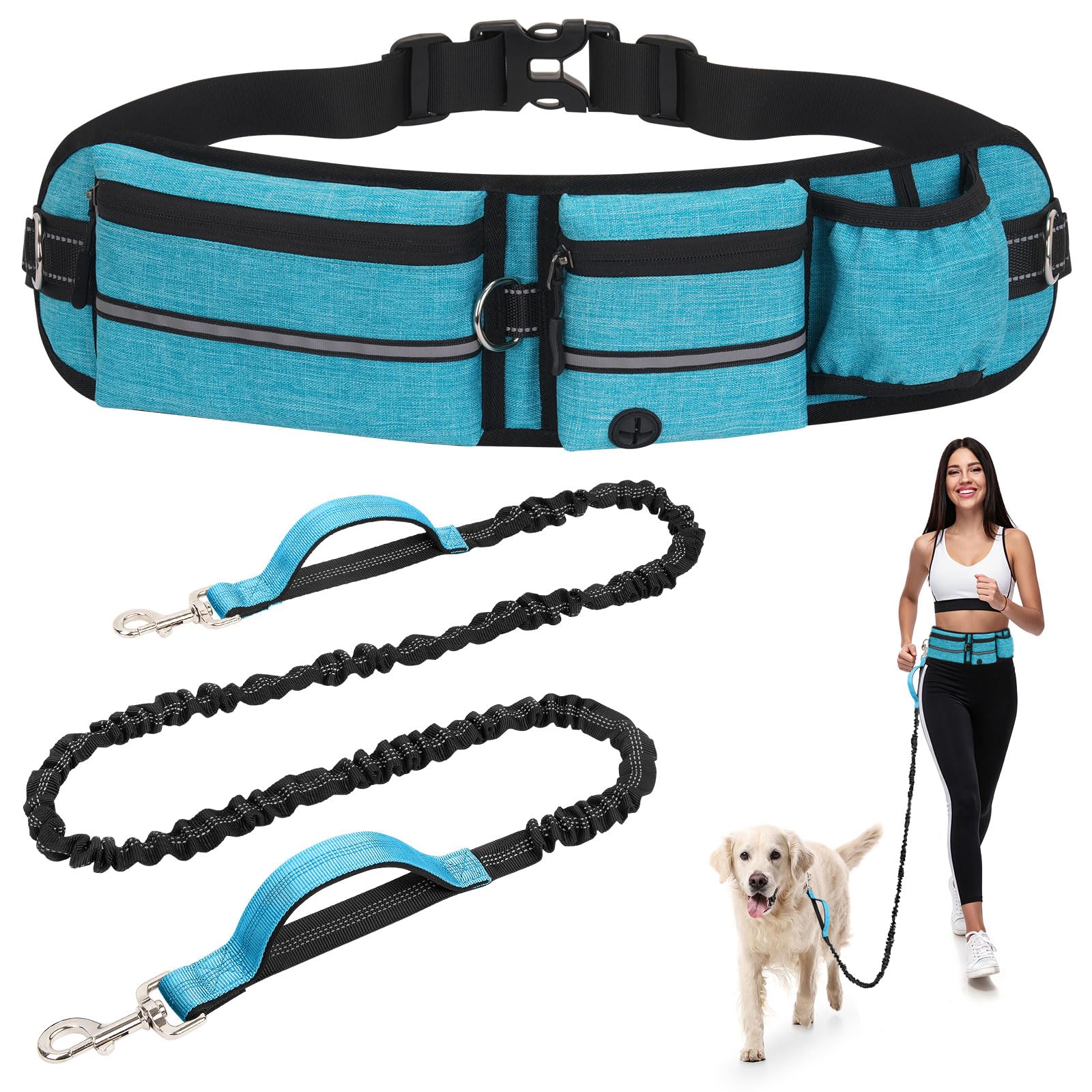 Laisse Main Libre Chien avec Ceinture Réglable et Sac Banane, Laisse Canicross Anti Traction, Longe Élastique Amovible 150-220cm, Bande Réfléchissante pour Courir et Marcher, Bleu