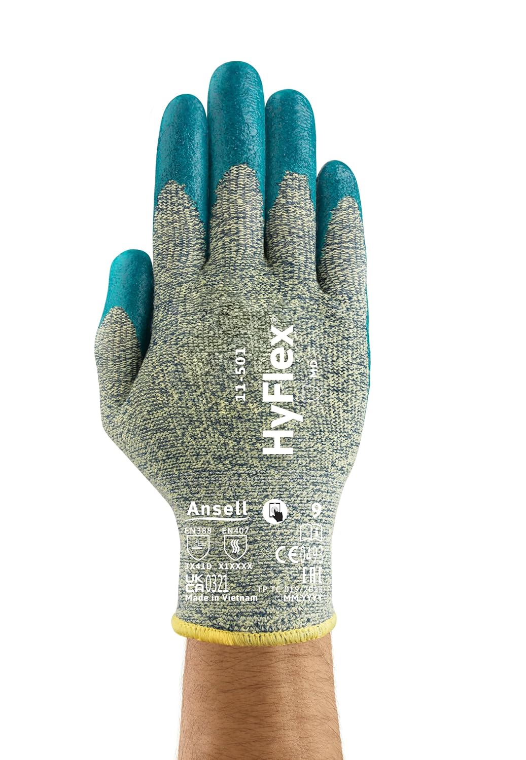 Ansell HyFlex 11-501 Kevlar Glove, Cut Resistant, Blue Foam Nitrile Coating, Knit Wrist Cuff, Large, Size 9 (Pack of 12)