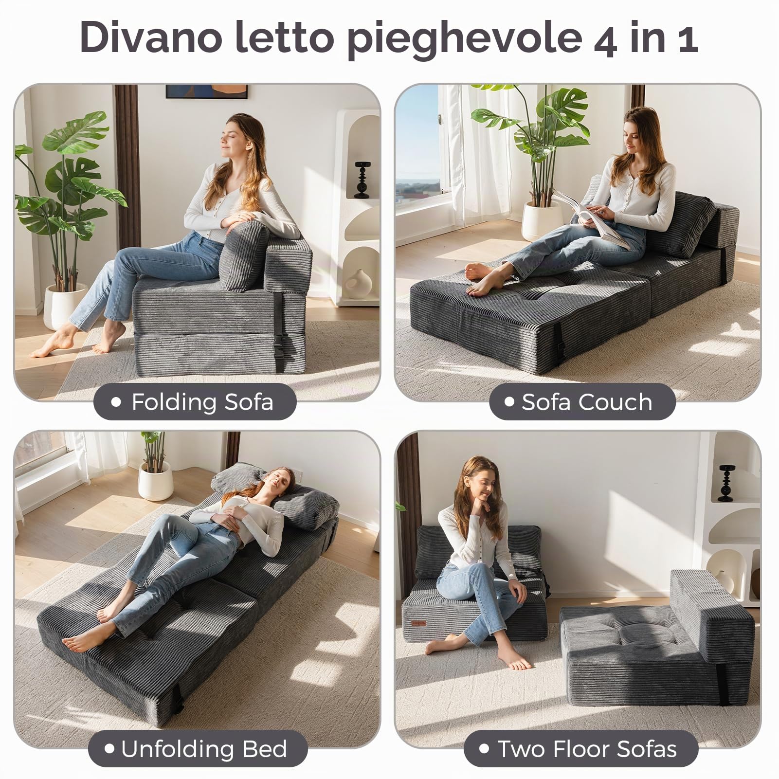 MAXYOYO Divano pieghevole con funzione di sonno, divano letto convertibile con schiuma di supporto ad alta densità, sedia pieghevole portatile 4 in 1 che si trasforma in un lettino da pavimento