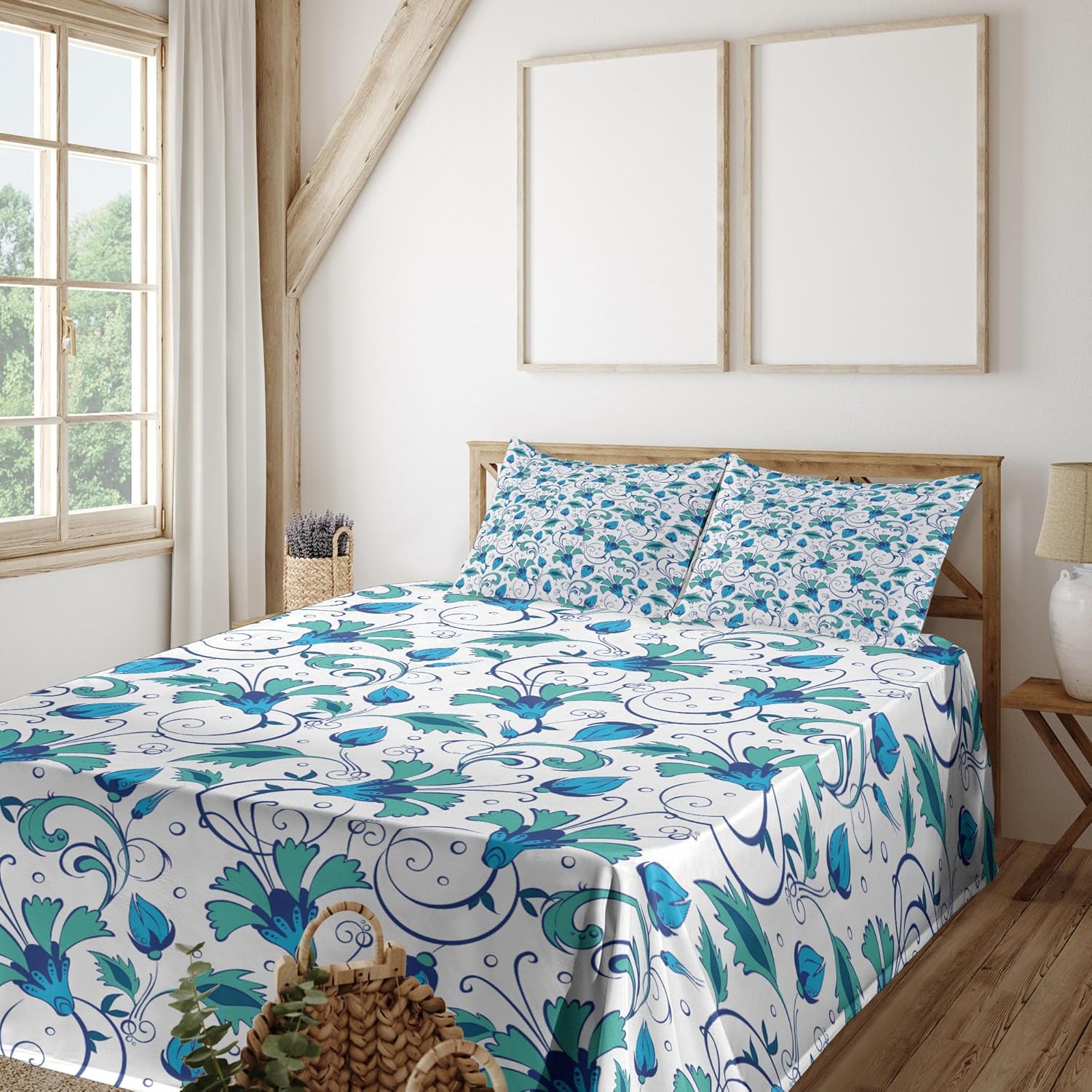 Ambesonne Floral Sheet Set, Oriental Themed Pattern of Tulips and Leaves Folkloric Swirls Rounds, Fitted and Flat Sheet with Pillowcases Bedding Accent 4 Piece Set, Queen, Turquoise Sky