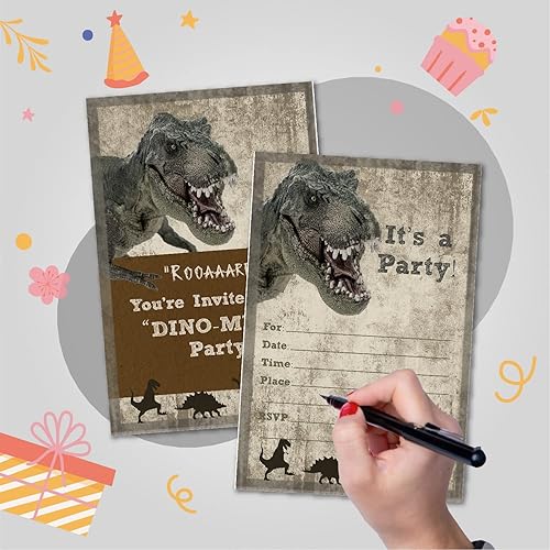 Miniatura 3 de VNWEK T-Rex - Invitaciones de fiesta de cumpleaños de dinosaurio para niños con sobres, con temática de dinosaurio, tarjetas de invitación de