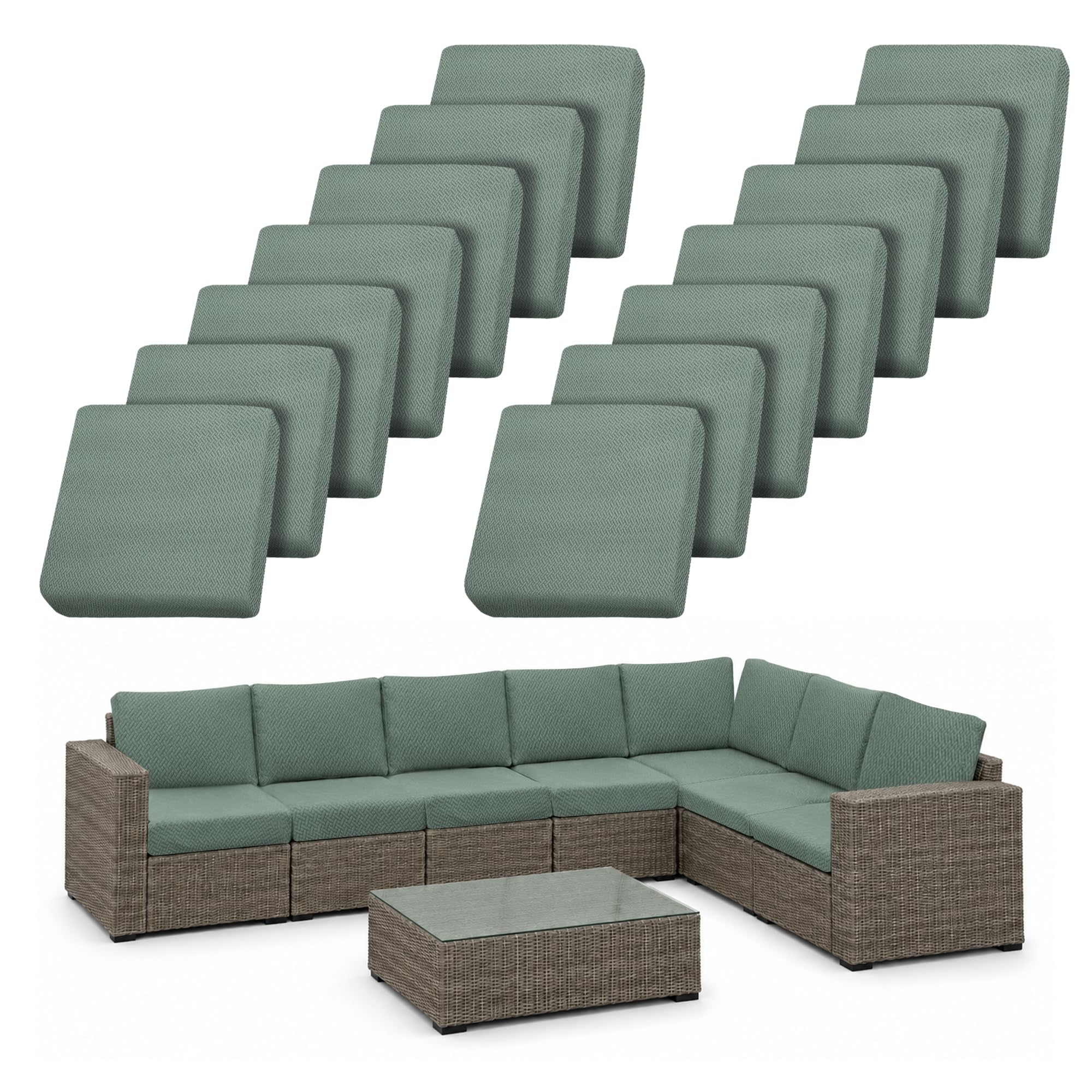 14pcs outdoor cushion covers patio cushion covers stretch cushion covers for outdoor furniture replacement washable reusable furniture protector (green, 14pcs)