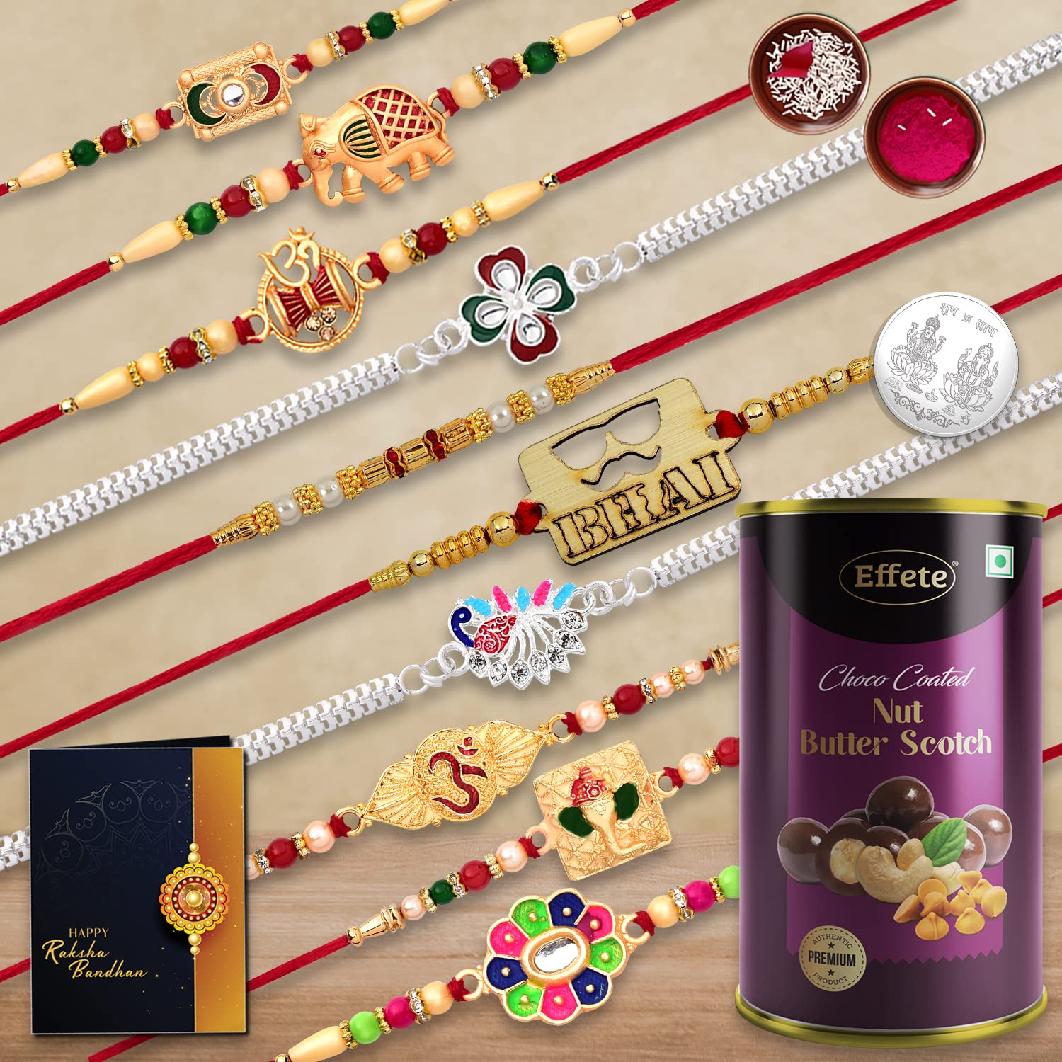 DeoDap (K10_MC16_BS) Multicolor Rakhi Combo with Effete Chocolate Butter Scotch , Silver Color Pooja Coin, Roli Chawal & Greeting Card | Occasion | Rakhi for brother with gift | chocolate gift pack |rakhi with Chocolate Gift Hemper | Bracelets for me (B09B52TWH1) Amazon Price History, Amazon Price Tracker