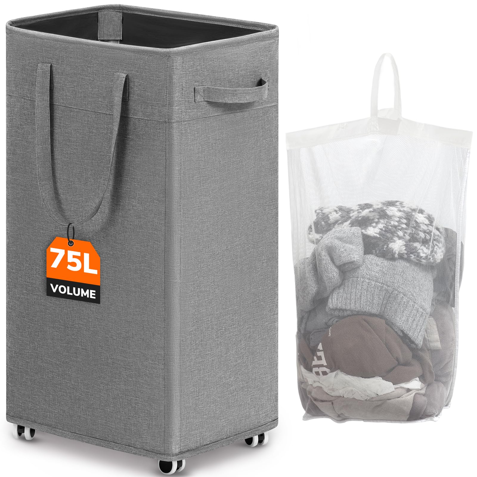 CHICVITA Laundry Basket with Wheels, 75L Slim Laundry Hamper with Removable Wash Bag for Bedroom, Clothes Hampers for College Dorm, Light Grey